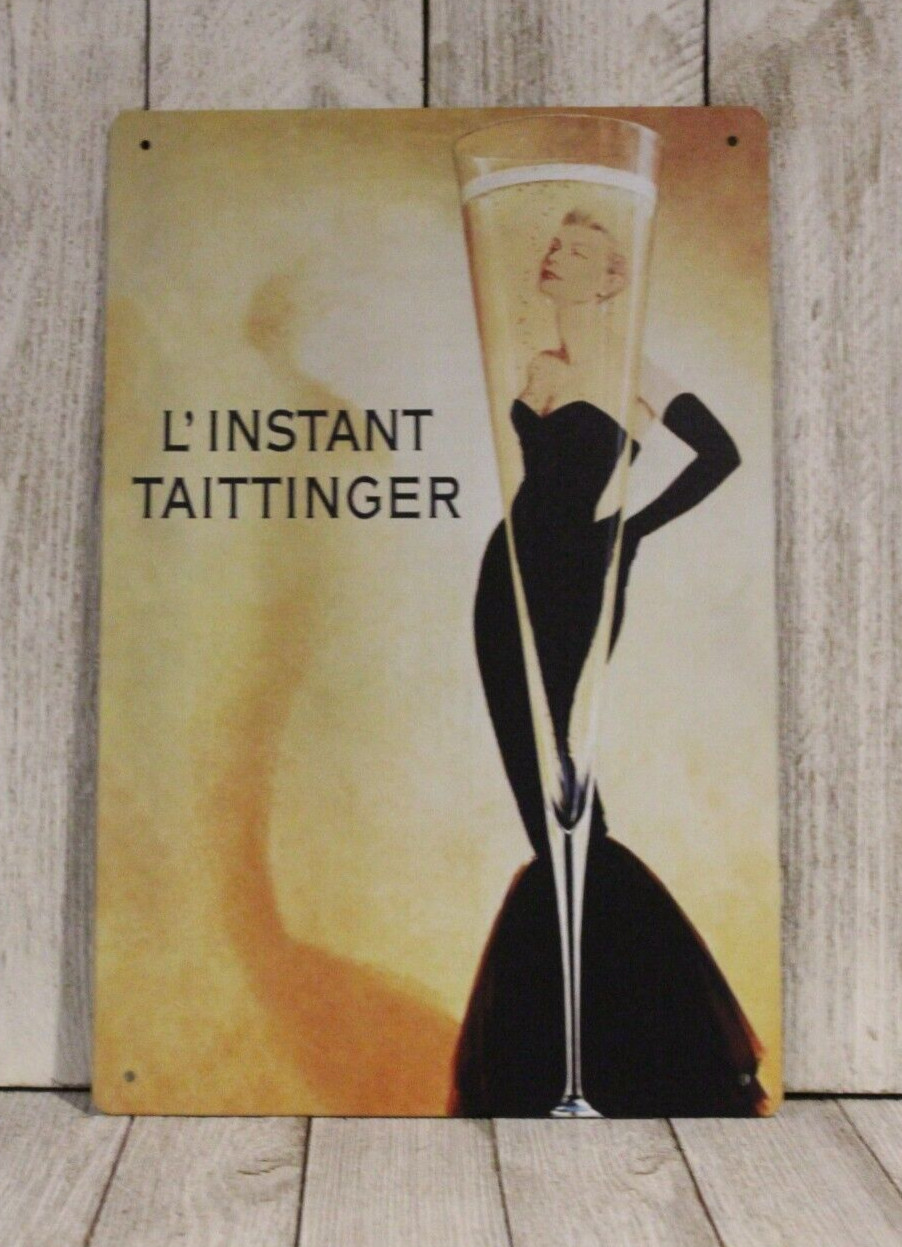 Taittinger Tin Metal Sign Pinup Girl Champagne Wine Bar Vintage Ad Look
