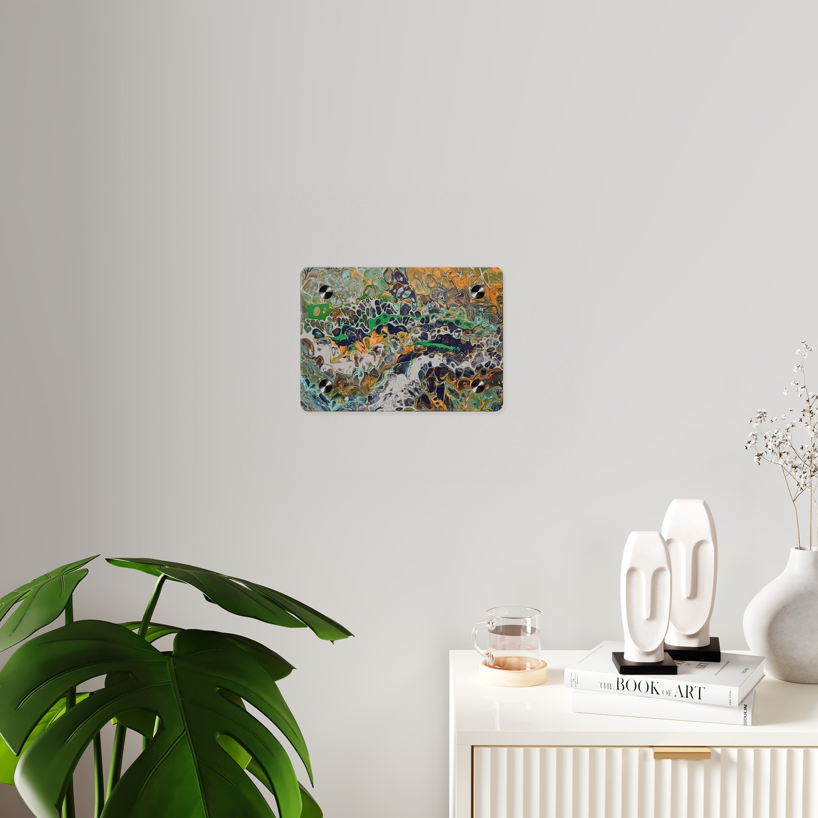 Abstract Acrylic Pour Green and Orange Cell Fluid Modern Wall Art