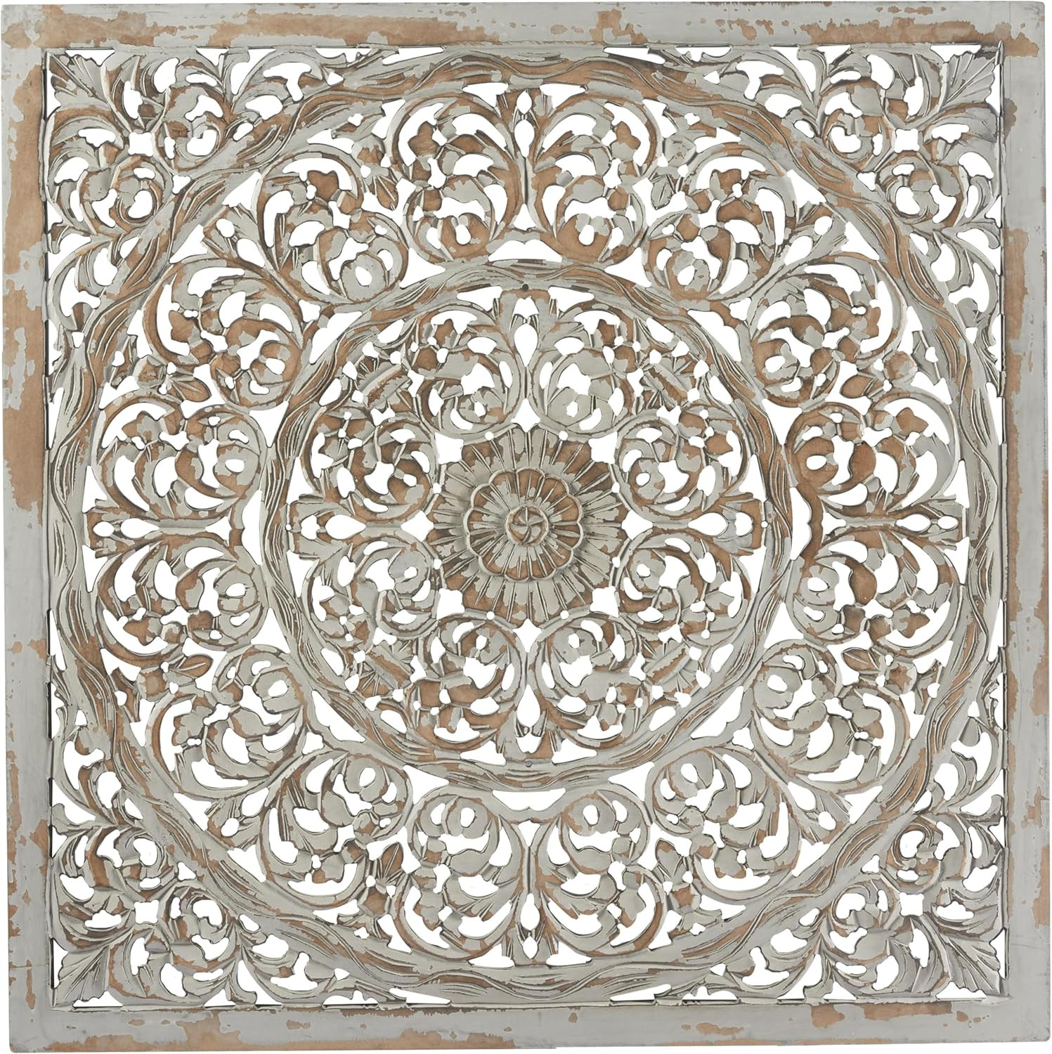 Handmade Wooden Floral Mandala Wall Art – 36″ Gray with Brown Distressing