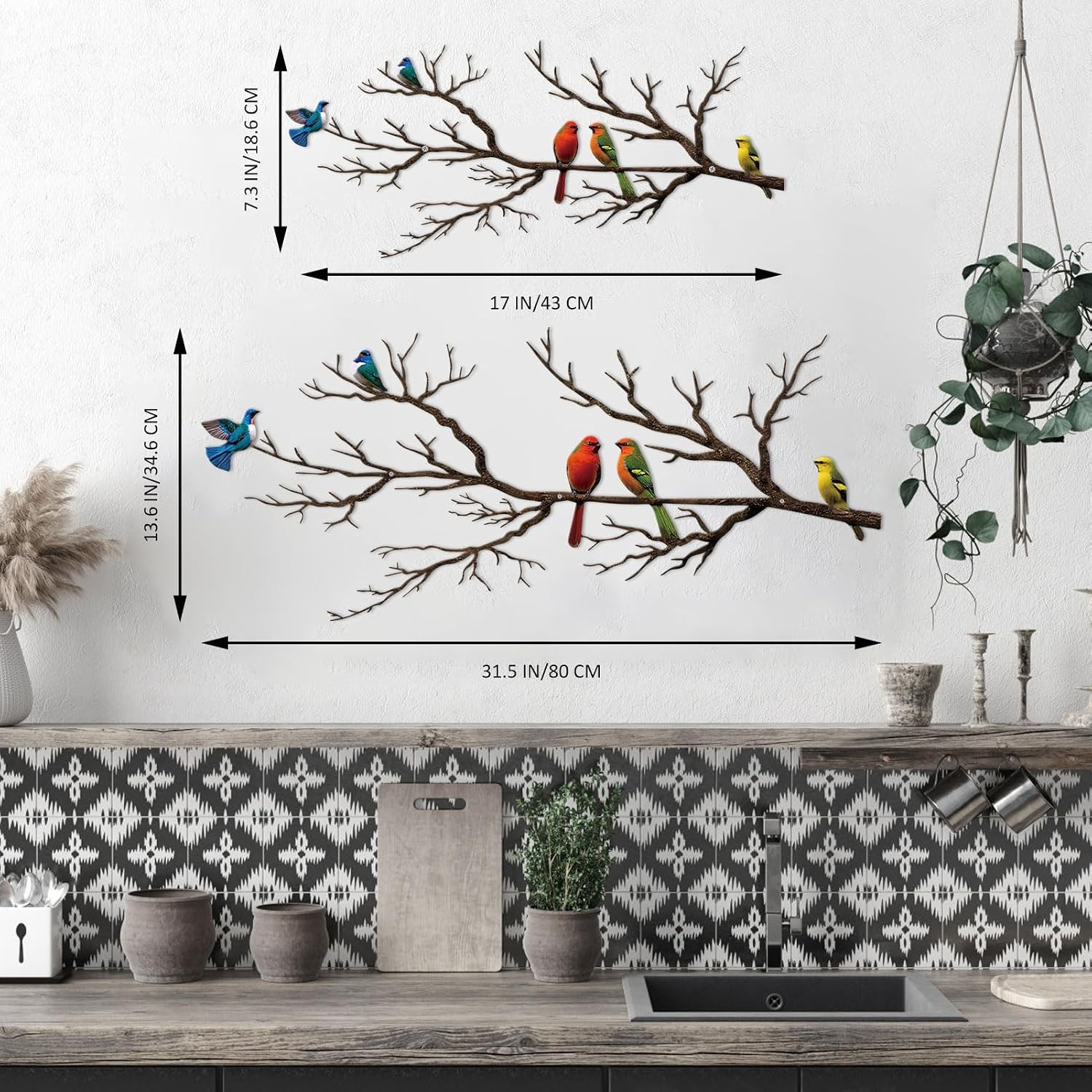ESTART Metal Birds Wall Art, Metal Vivid Birds on Branch Silhouette Wall Decor B