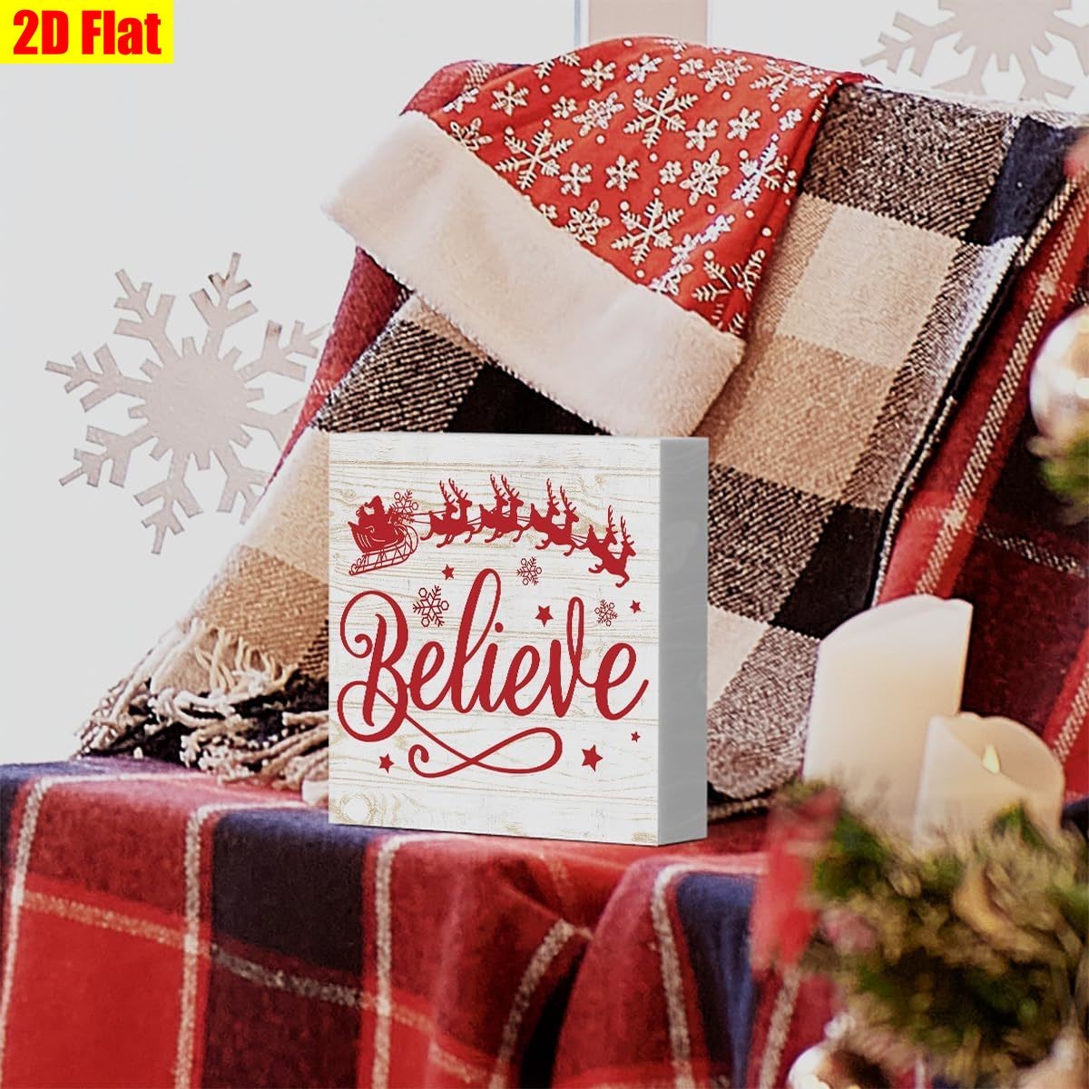 Believe Santa Sleigh Wooden Box Sign Indoor Winter Table Ornament Decoration