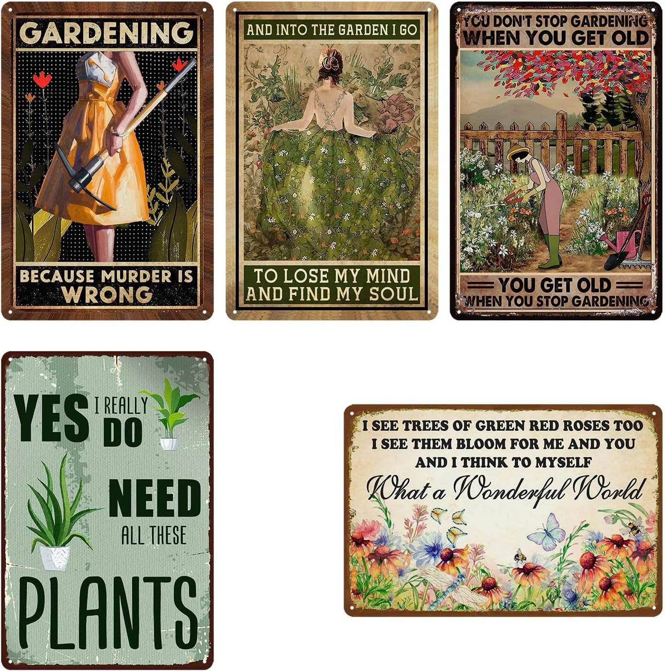Set of 5 Garden Signs Outdoor Metal Vintage Decor 12×8 In Funny Gardening Decor