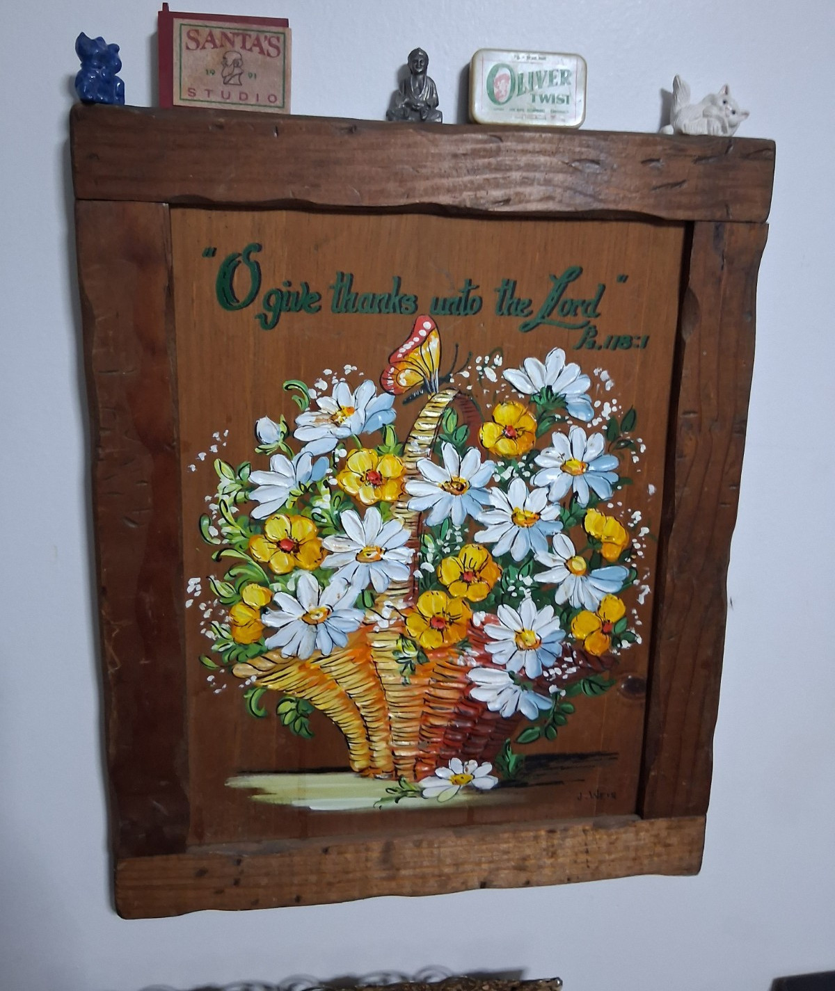 Hand Painted Wood Wall Plaque Floral Basket & Butterfly Give Thanks Unto Lord
