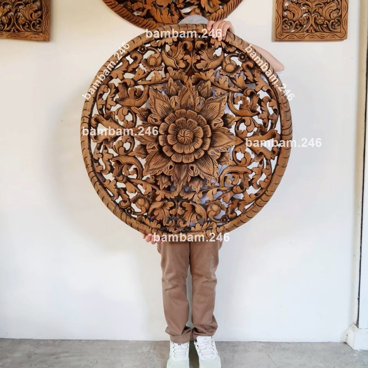 Large Vintage Round Wall Hanging Hand Carved Teak Wood Wall Art Floral Flower Pa