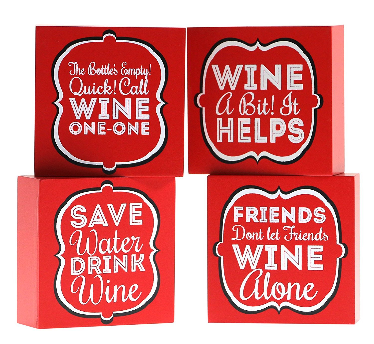 Wine Novelty – 8 Wood Blocks 4″ x 4″ x 1.5″ – 4 Different Wine Sayings – 2 Sets