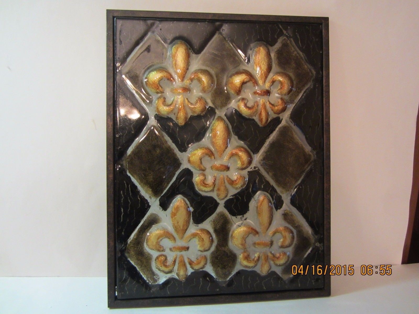 Glass & Metal Fleur De Lis Wall Picture/Plaque-Black & Gold-Embossed Design