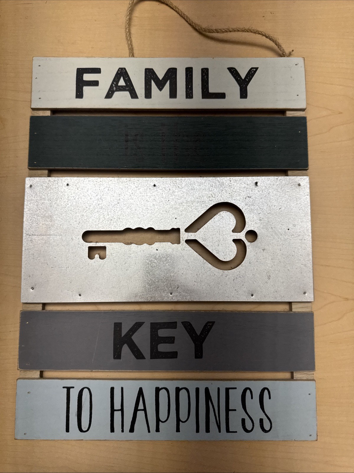 Wood Hanging Wall Sign “Family Is the Key to Happiness” 15×11 Blue/White