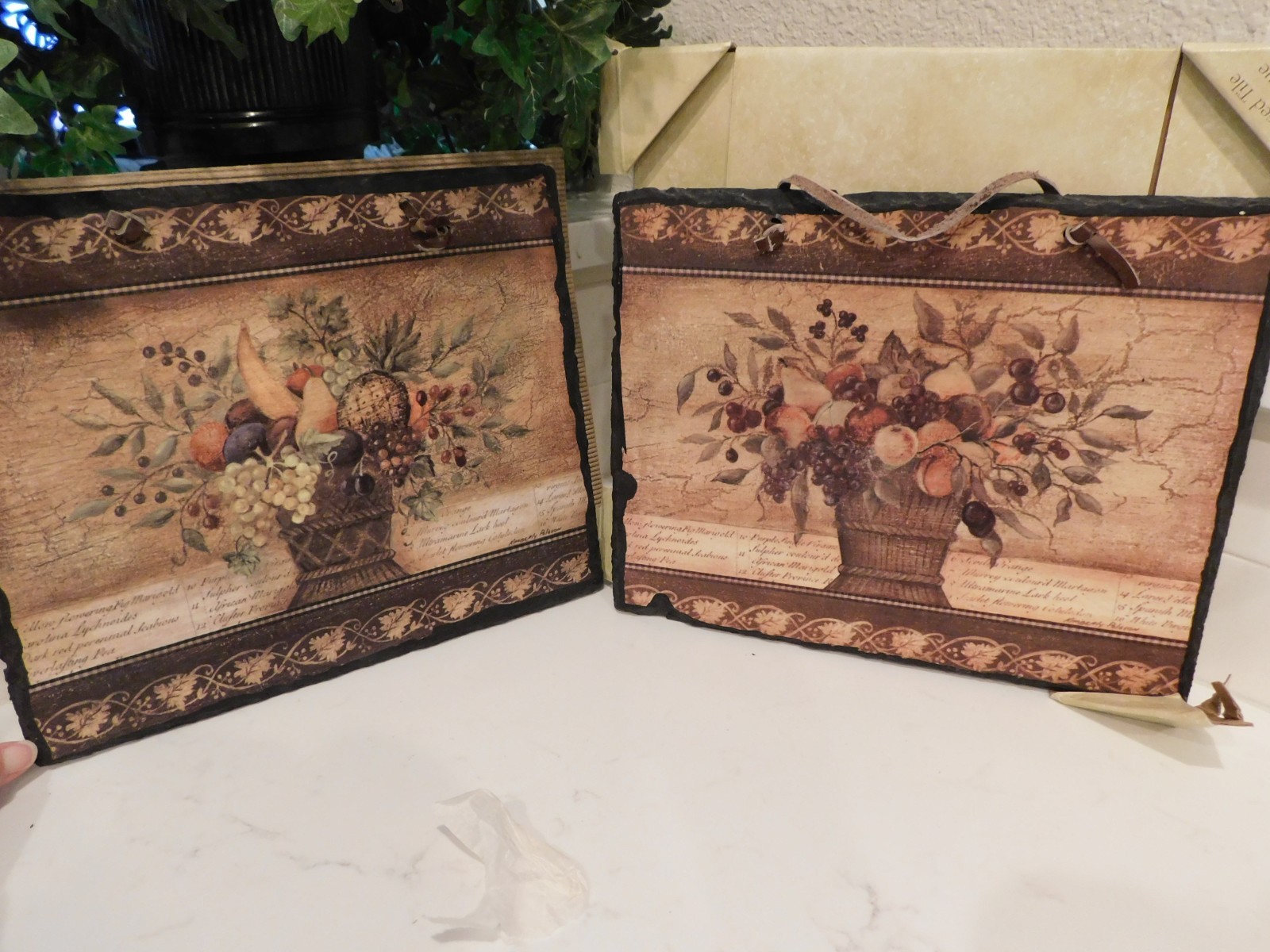 Set of 2 Fruit Basket Decorative Slate Distressed look Wall Tile Hanging Plaques