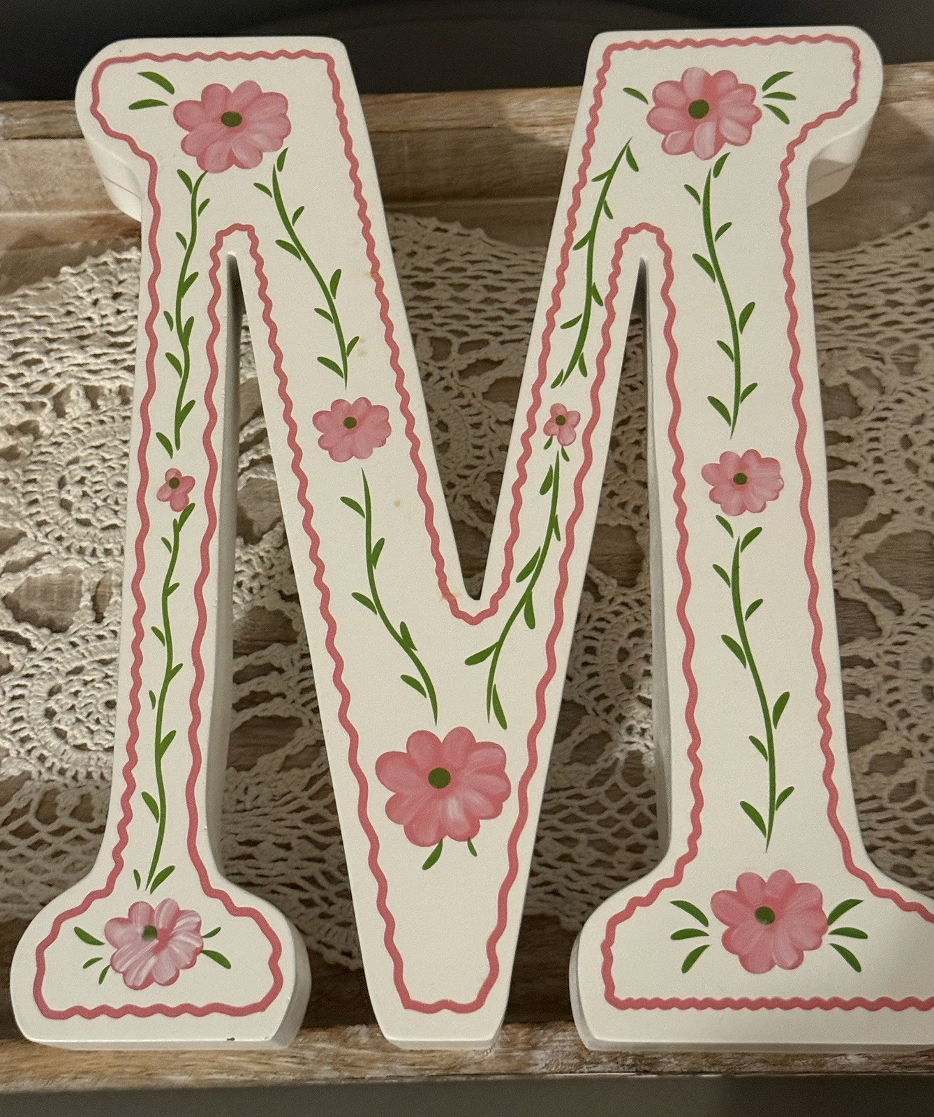 Large Monogram Letter Initial M Pressed Wood White with Pink Painted Flowers 13”