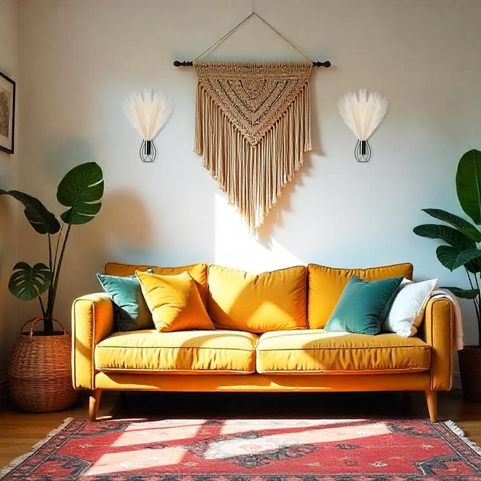 2 Pieces Hanging Plant Wall Decor with Artificial Pampas Grass Metal Hanging …