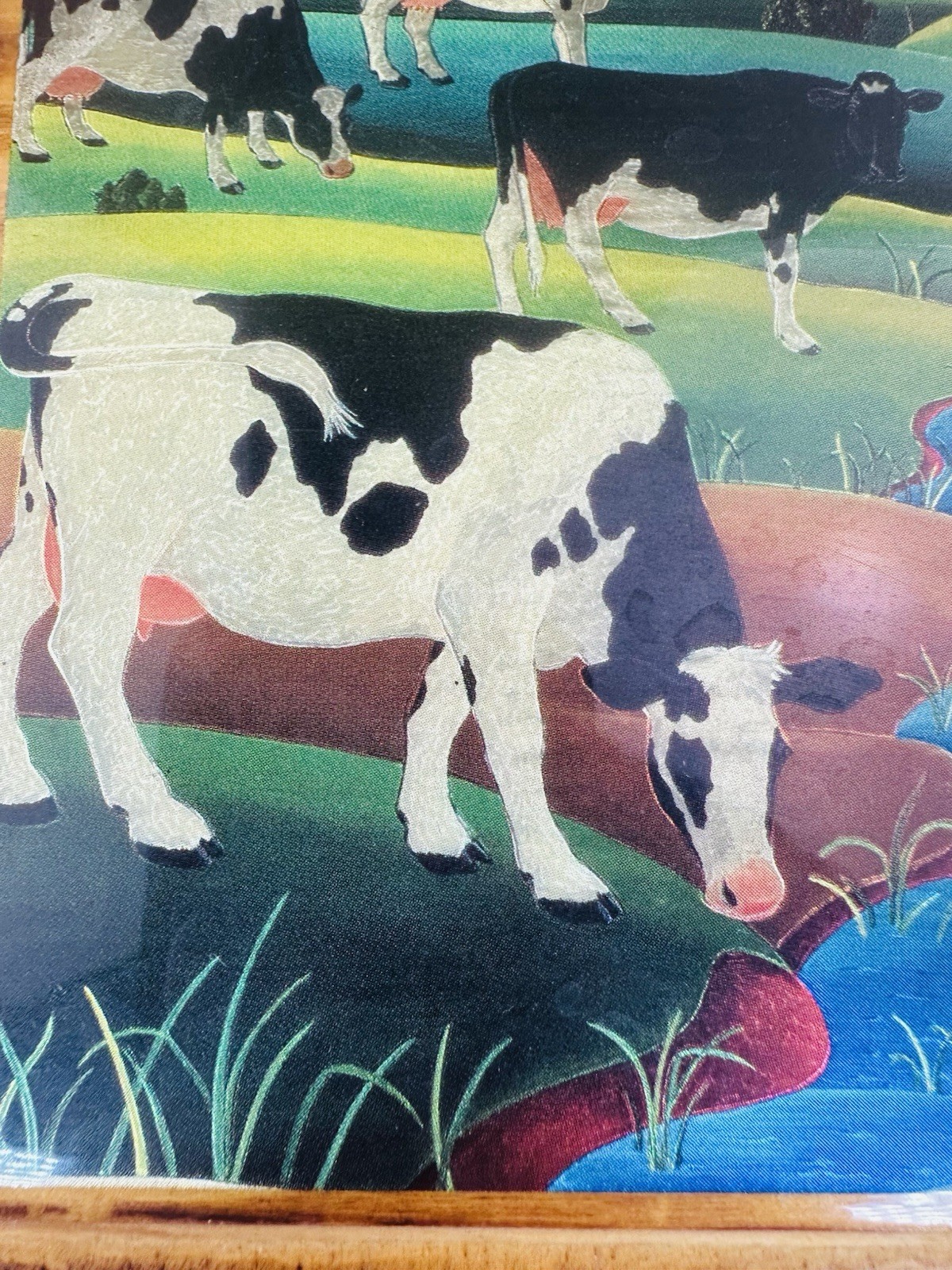 Vtg 1970s Embossed Foil Farm Cows Pastoral Landscape Wood Plaque 8.5×6.5