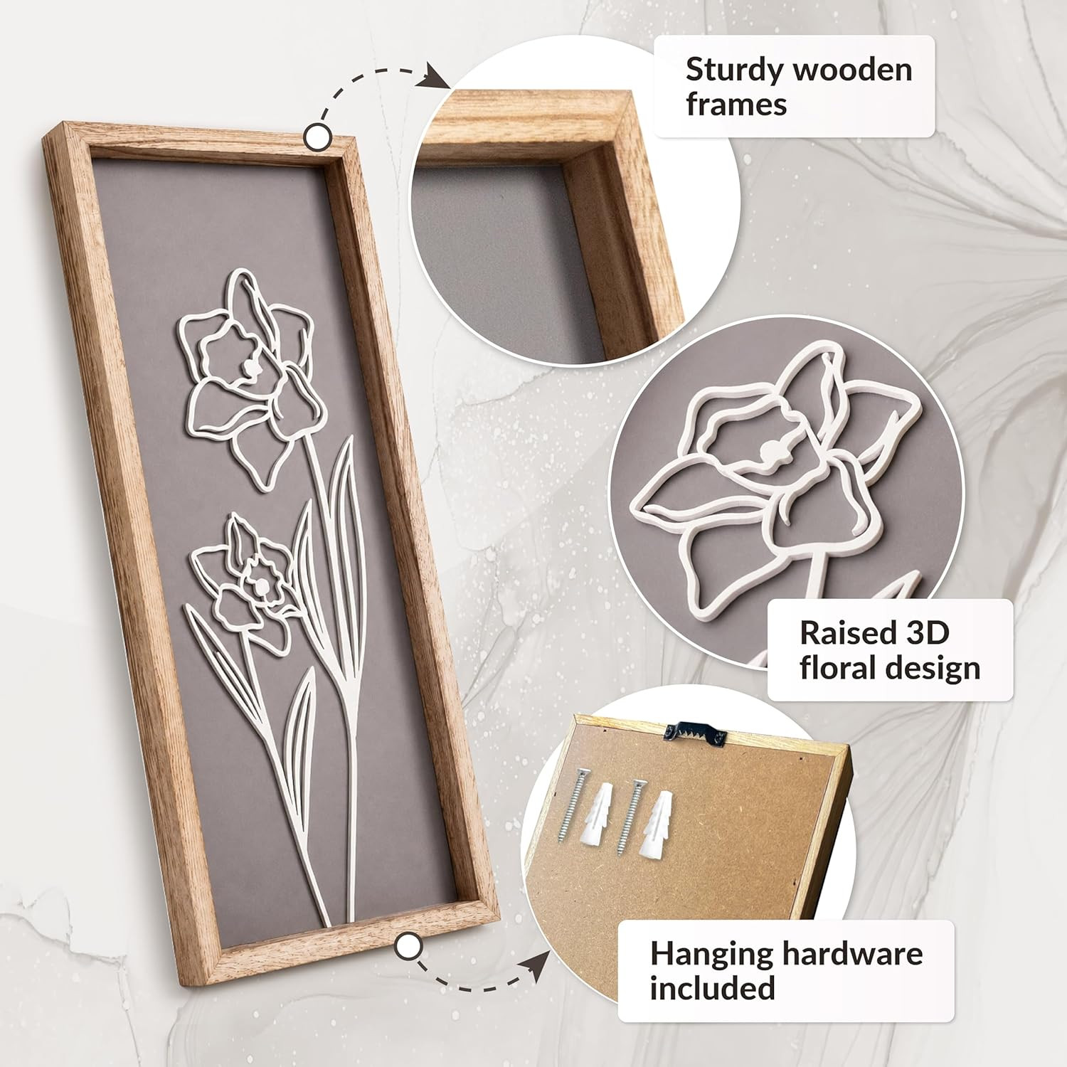 3D Wooden Floral Bathroom Wall Decor (Set of 4) Lightweight, Ready-To-Hang Frame