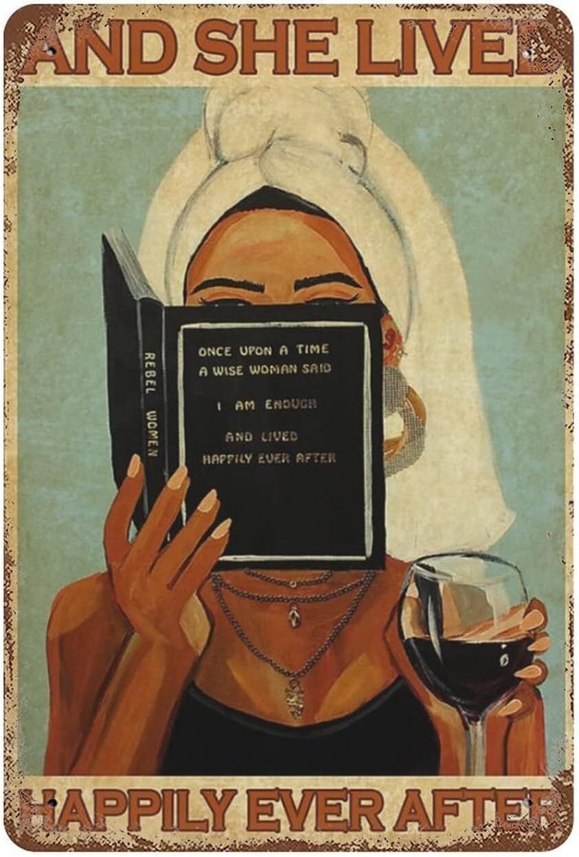 and She Lived Happily Ever After Wine Girl Vintage Metal Aluminum Tin Sign Door