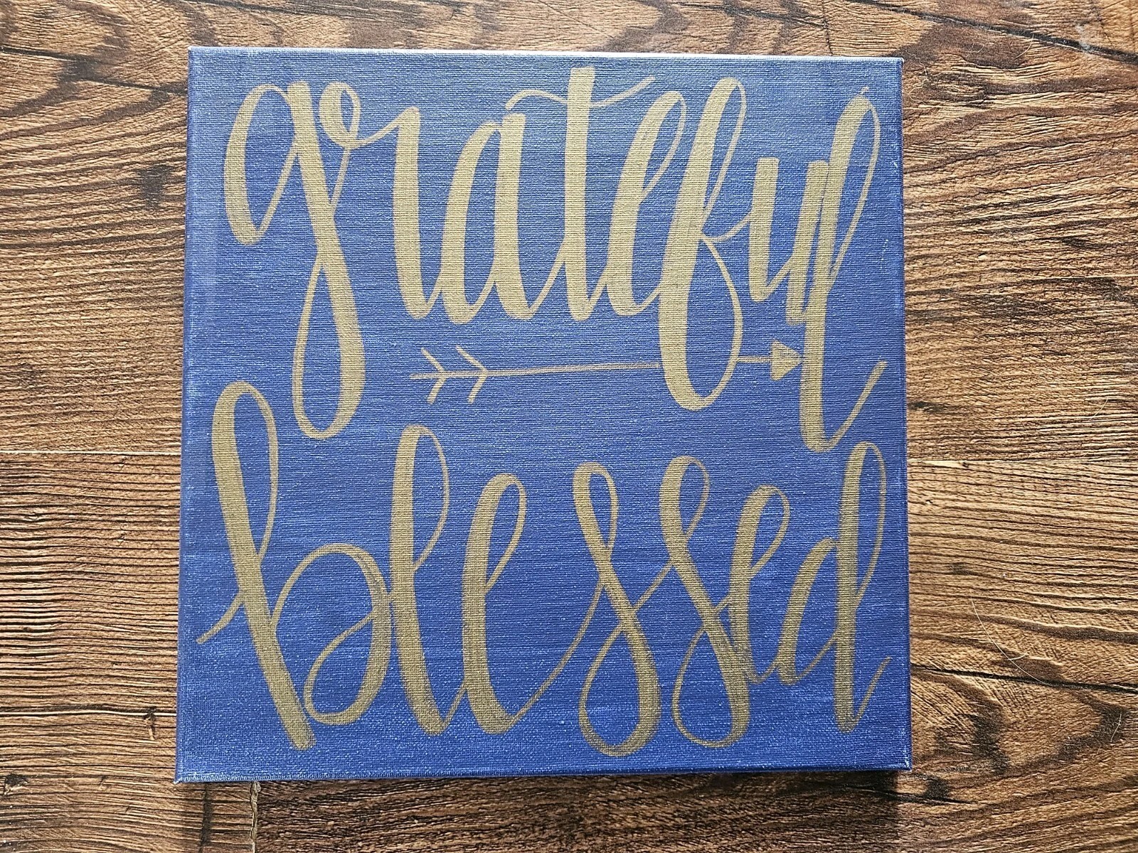 “Grateful And Blessed” Vinyl W/Wood Frame Blue/Gold Hanging Wall Decor 12″ X 12″