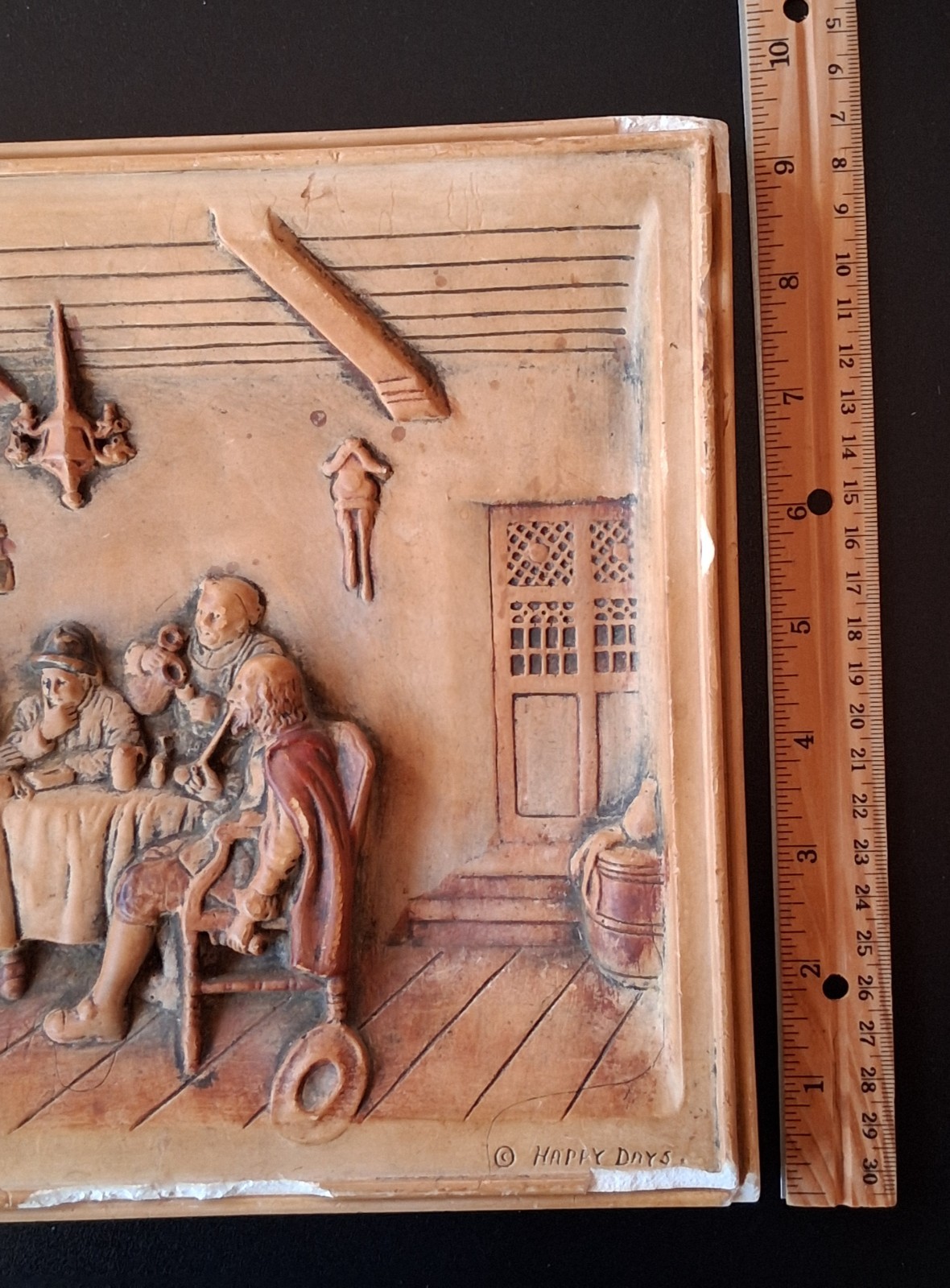 Vintage 3D Plaster Wall Plaque Happy Days Tavern Pub Scene Relief Rustic Bar