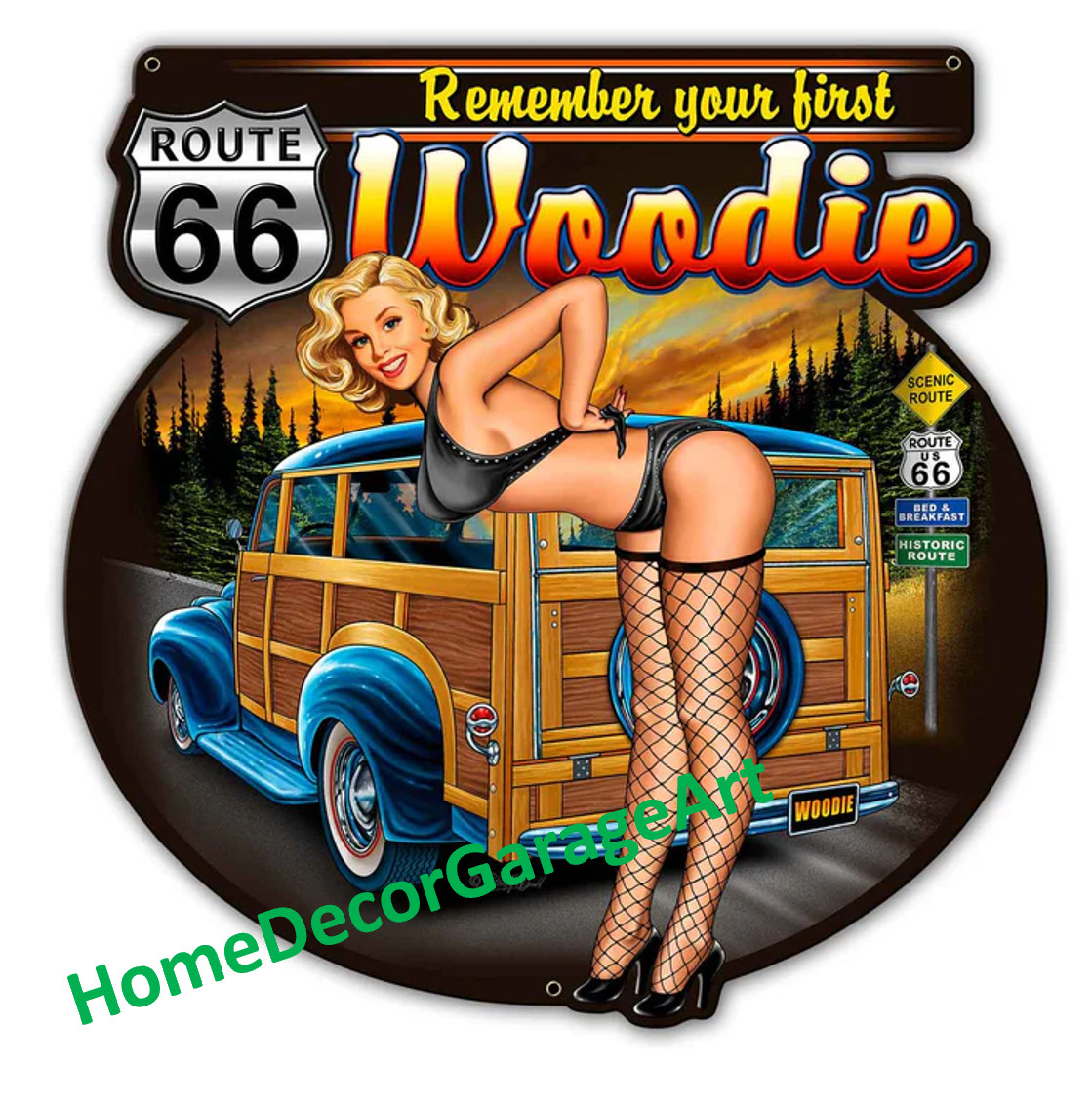 Woodie Route 66 Girl Cutout Metal Sign, 3 Sizes, Vintage Style Garage Art