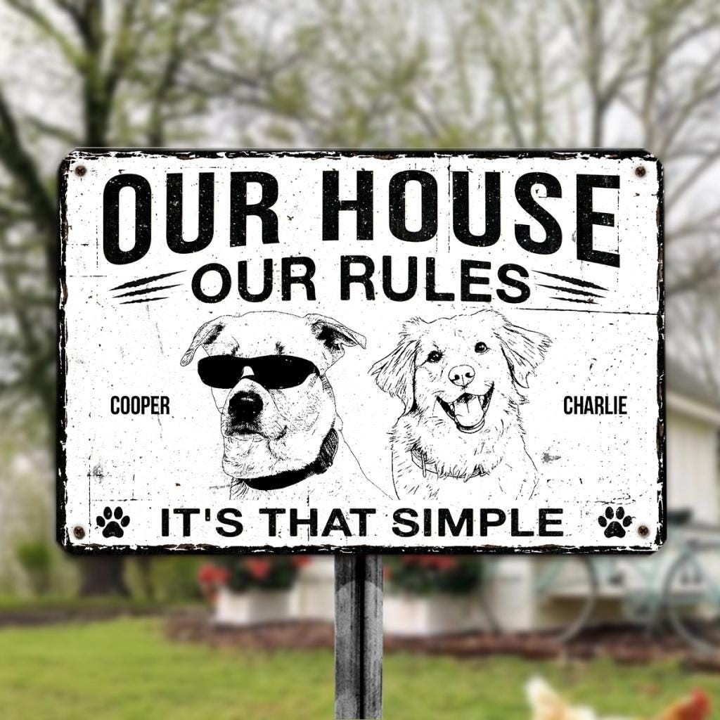 Custom Photo House Rules Metal Sign, Funny Dog Welcome Patio Decor Gift