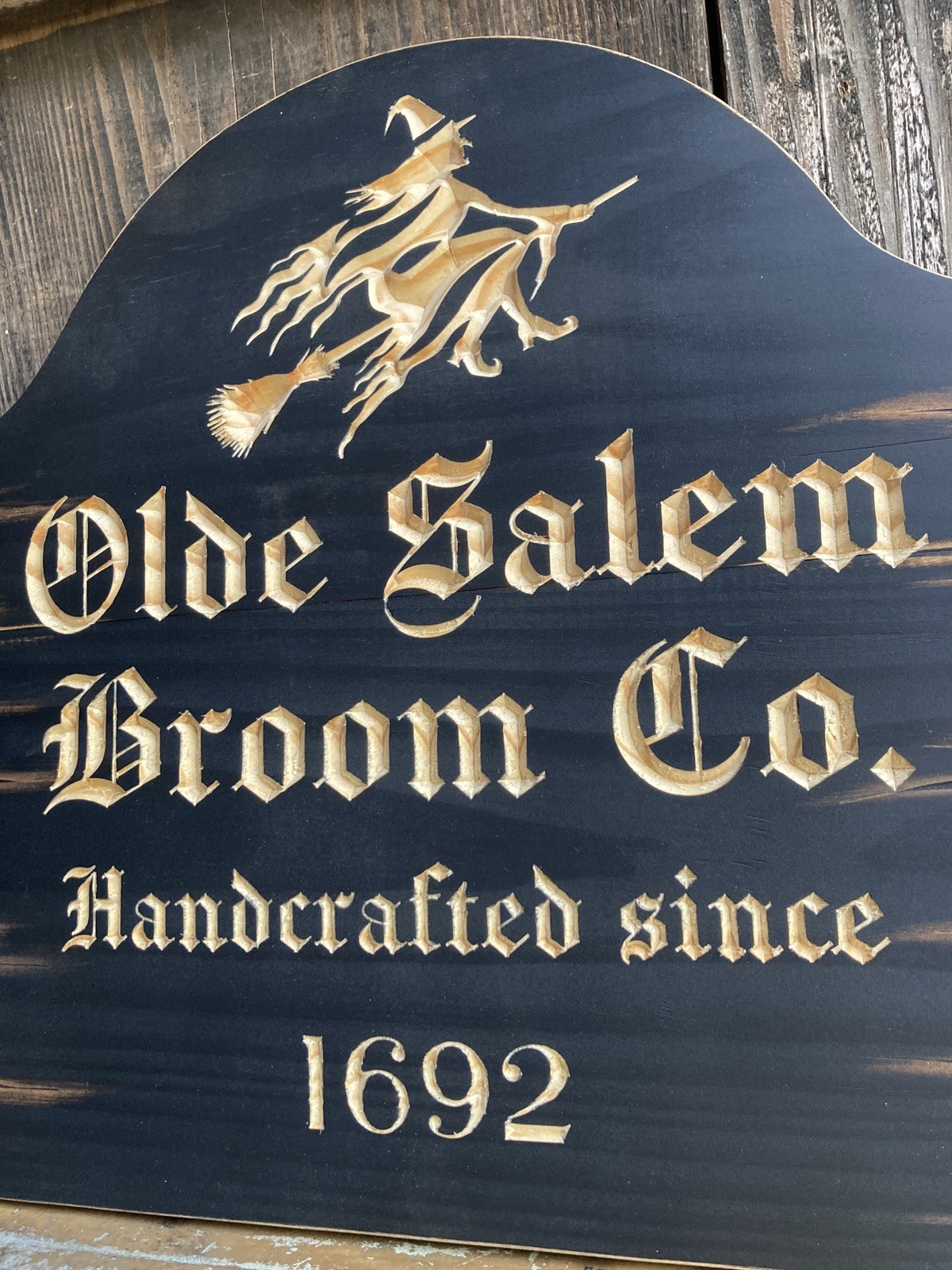 Halloween Salem Witch Broom Wooden Sign Carved Rustic Antique Look