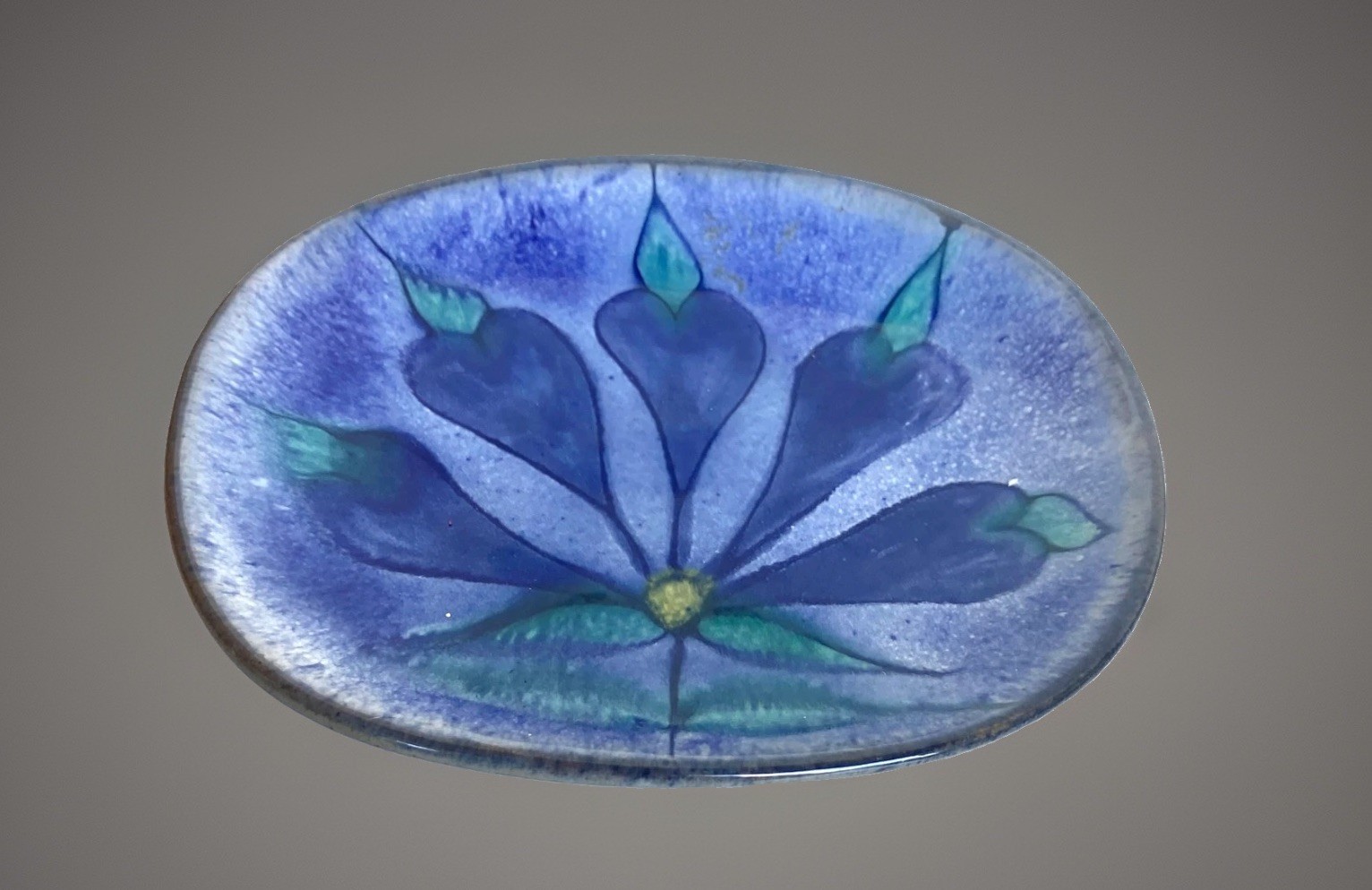 Original OOAK Pottery Wall Plaque, Stylized Blue Flower5-3/4″ Long, Chop Mark