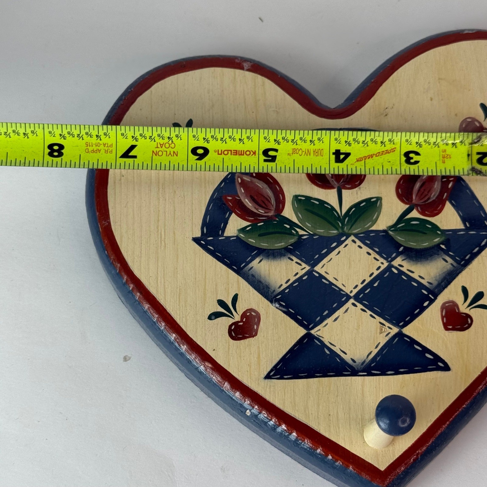 Vintage Folk Art Wooden Heart Wall Plaque Tulip Basket Peg Hook Americana Decor