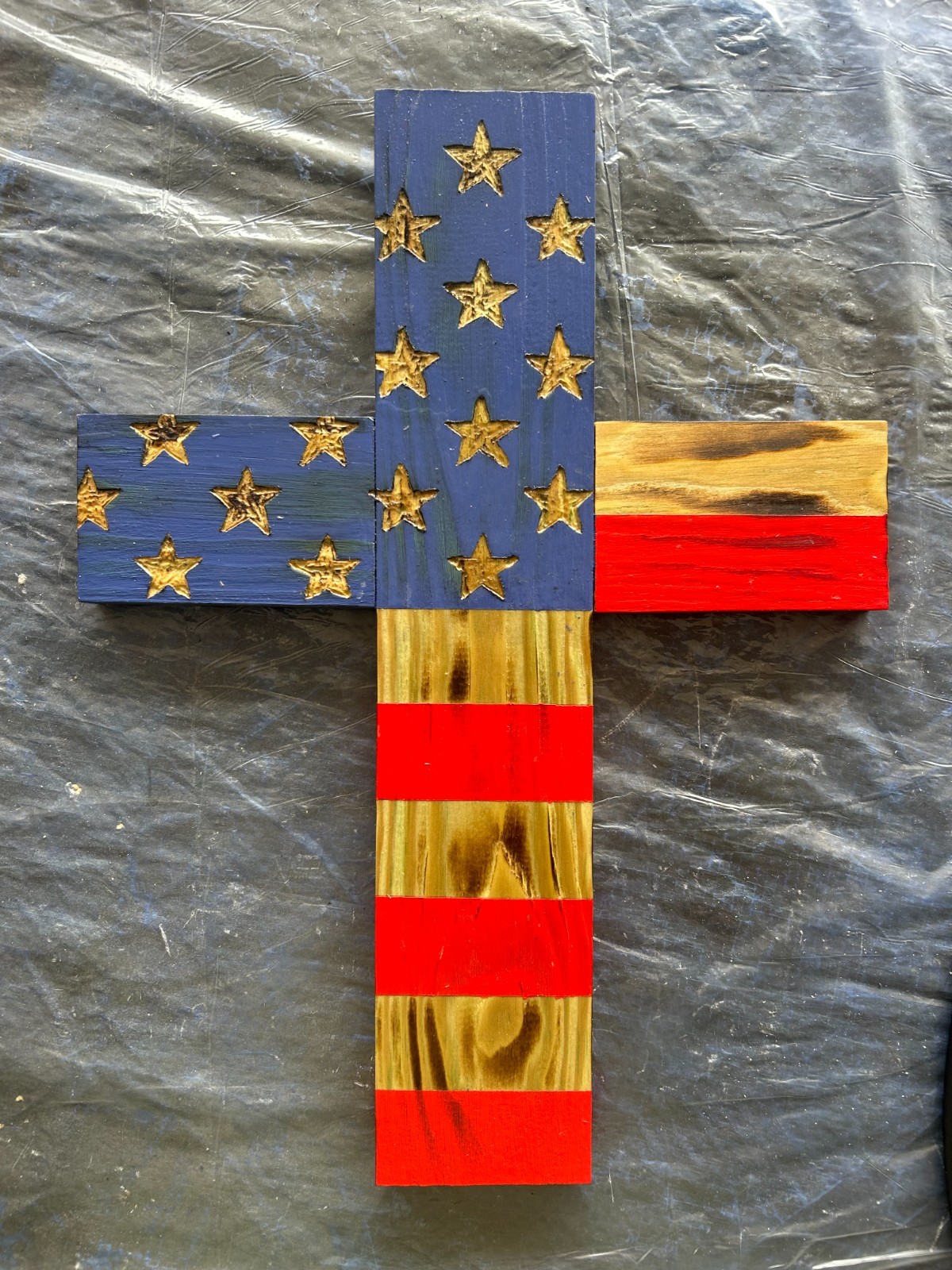 Rustic Handmade American Flag Wooden Cross 17” Wall or Yard Memorial Patriotic