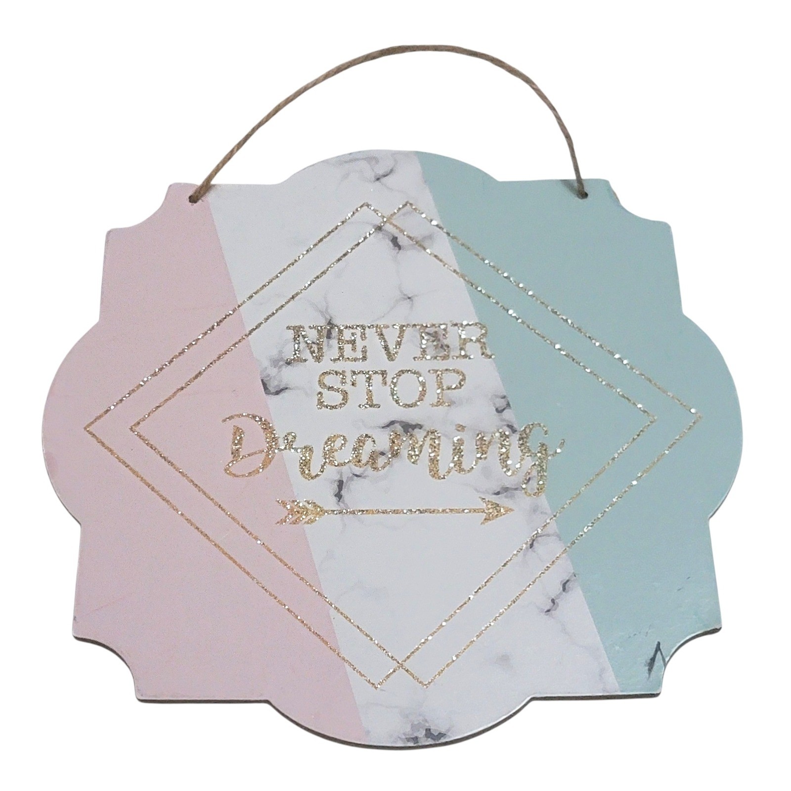 Never Stop Dreaming Wall Sign Marble Pink Green Gold Glitter Girls Room Decor