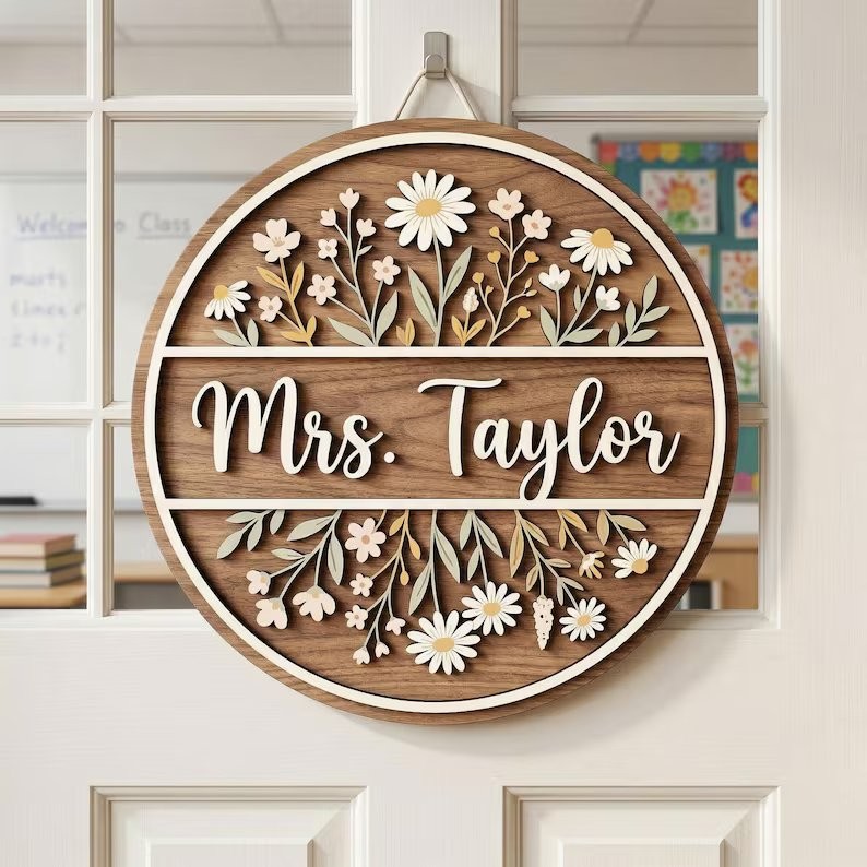Floral Teacher Door Hanger, Personalized Name, Boho Classroom Decor