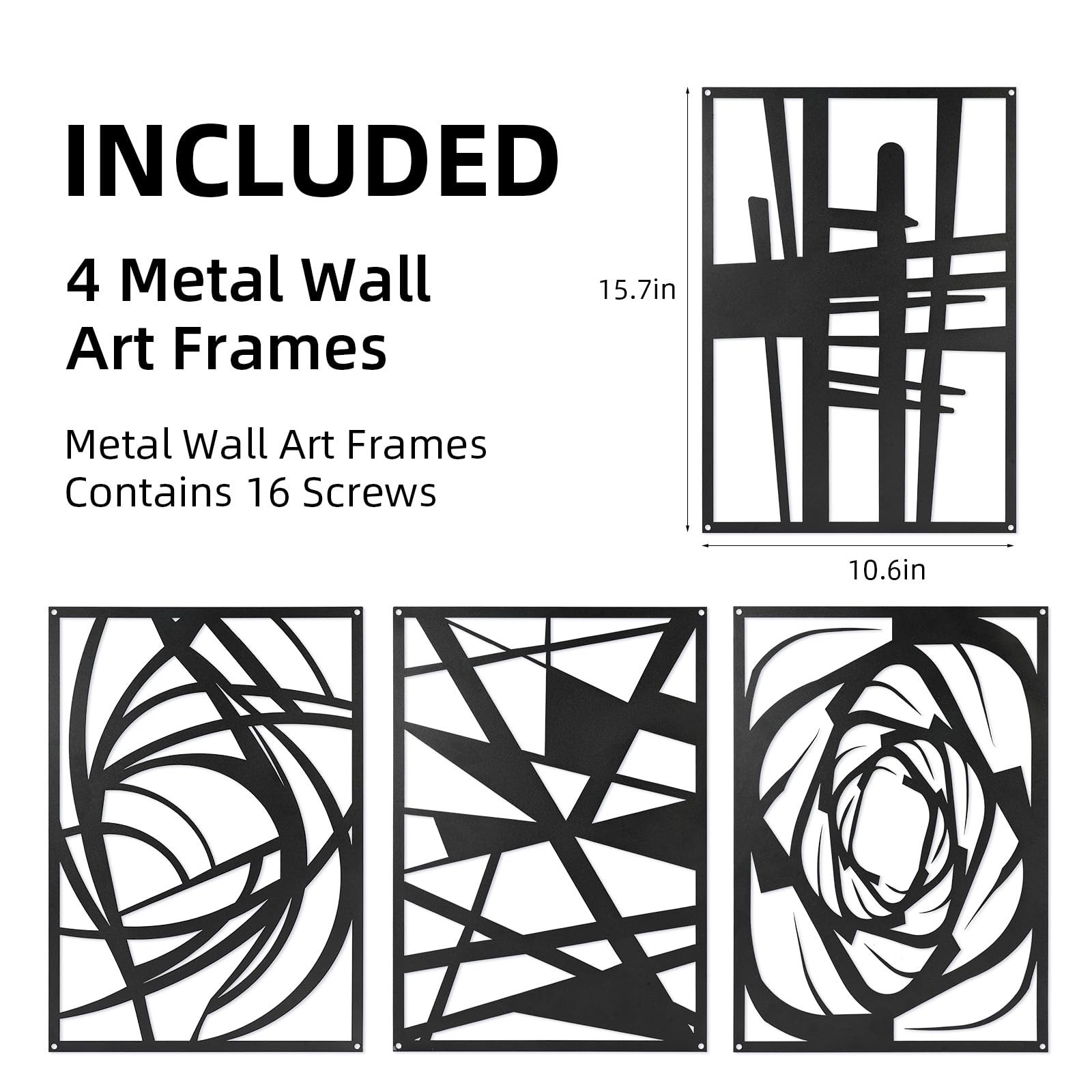 Black Abstract Metal Wall Art Set of 4 Matte 15.7×10.6