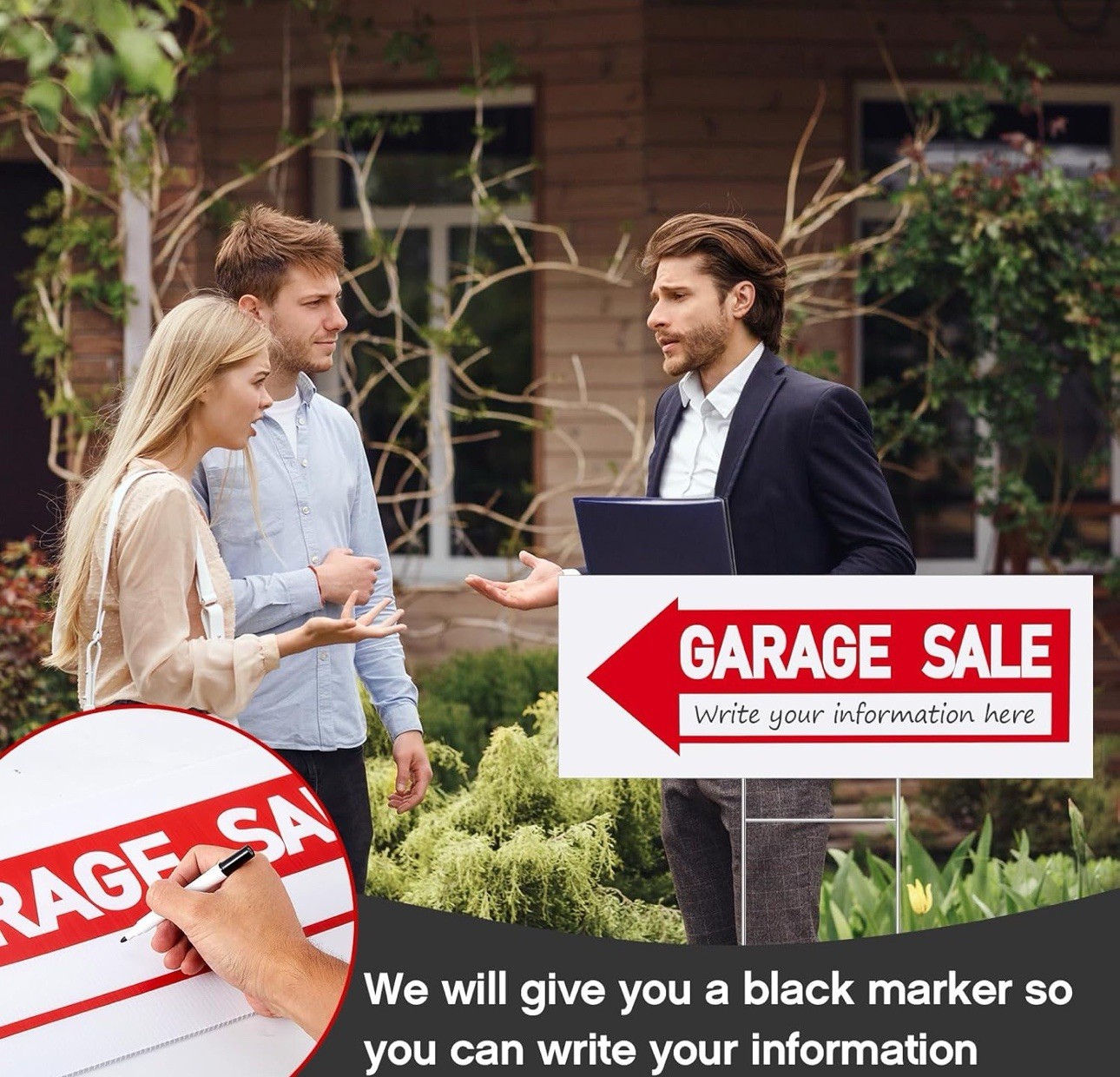 5 Pcs Garage Sale Sign w Metal Stakes 9.25″ x 24″ Double Sided Arrow Signs New