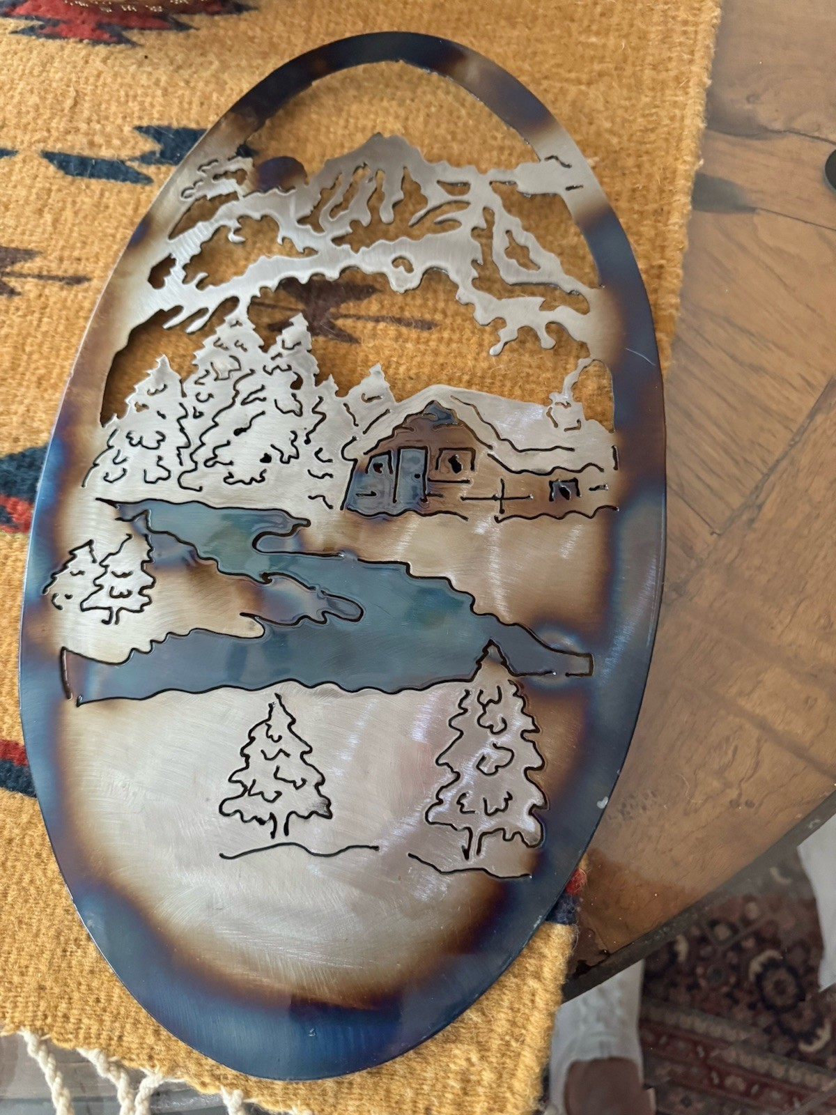 16” Cabin River Metal Trees Wall Art Decor Mountain Pinetree Scene Ready To Hang
