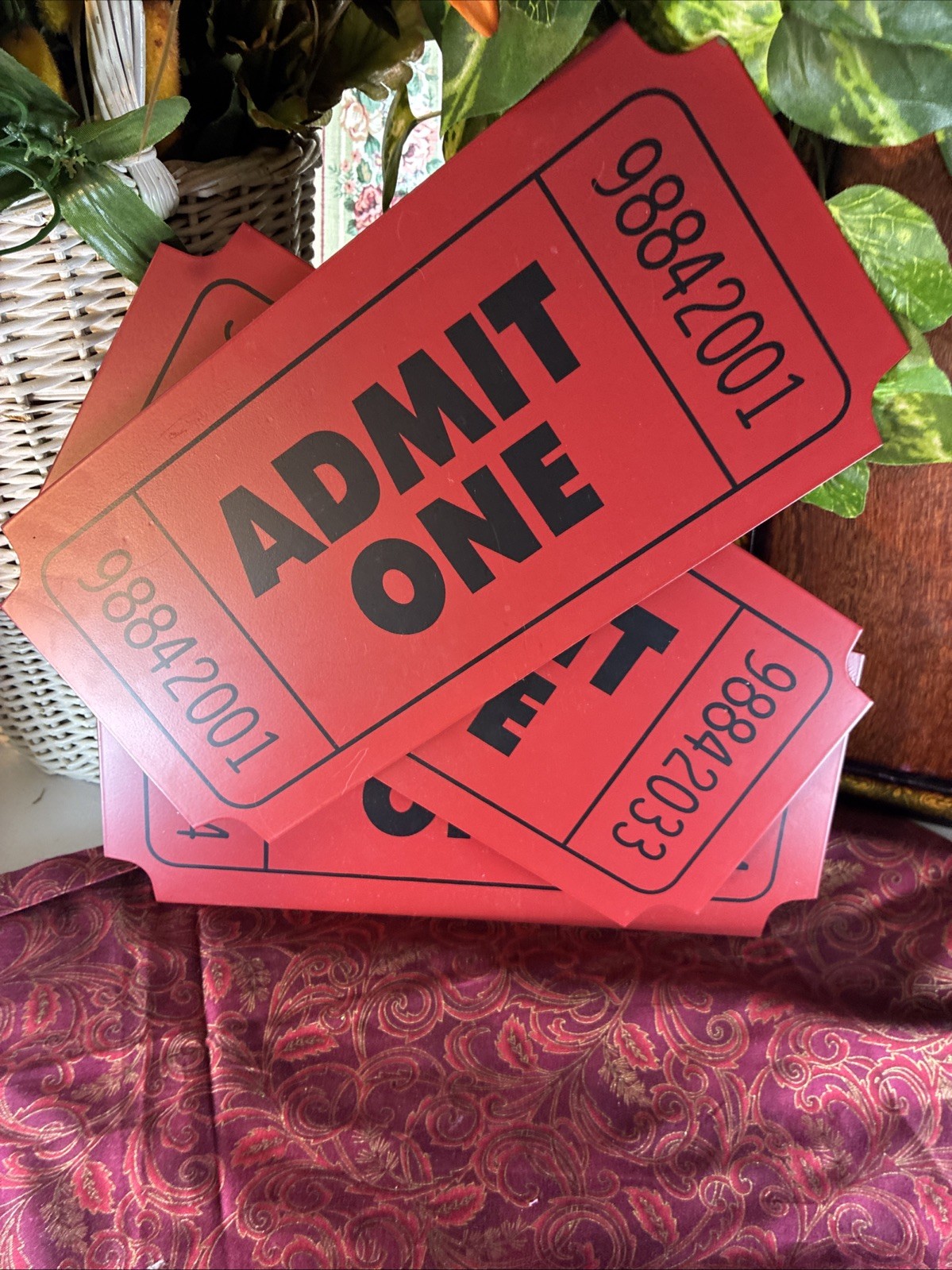 3D Movie Theater Wall Decor “Admit One” Red Metal Ticket Sign (3 Tickets)