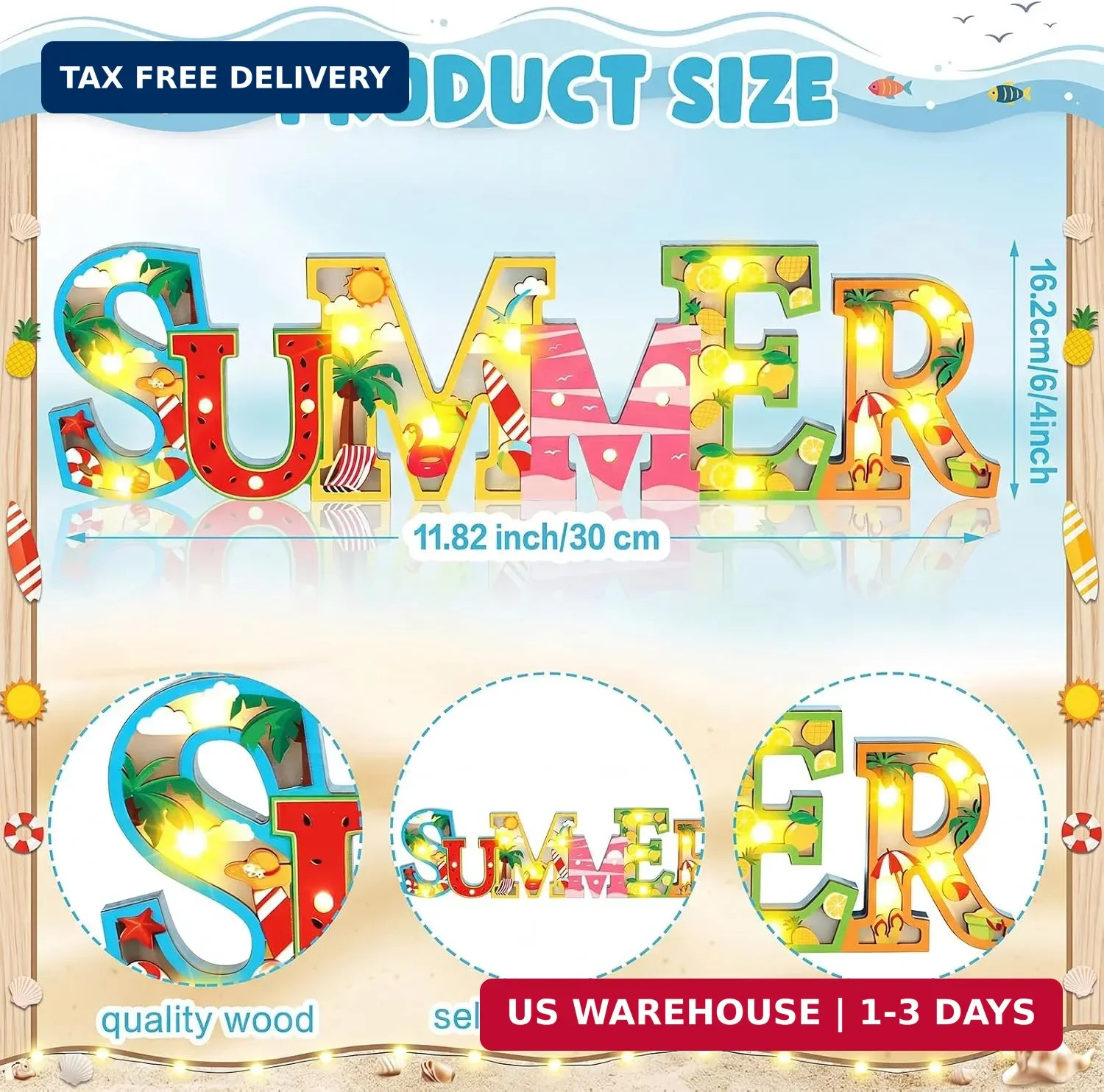 Geetery Summer LED Wooden Sign Watermelon Wooden Words Sign Tabletop Centerpiece