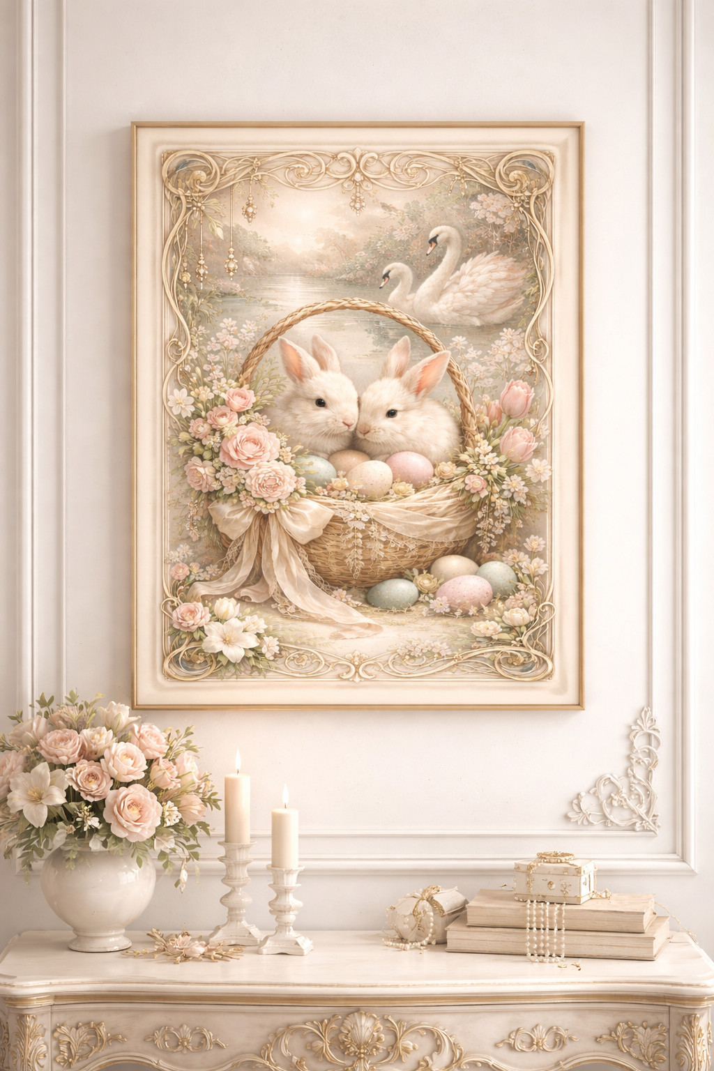 Swans White Bunnies Eggs Flowers Roses Tulips Wall Art