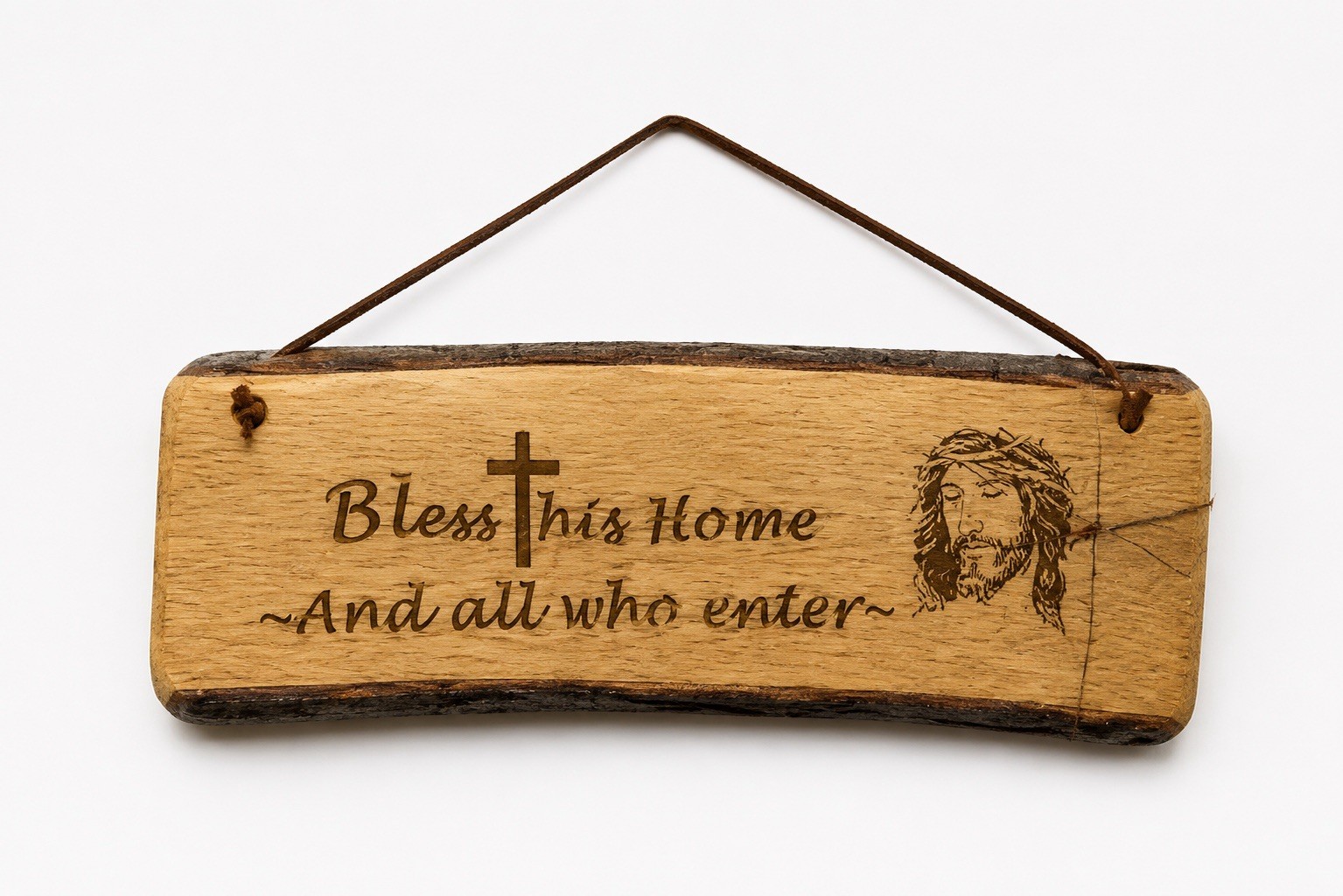 Handmade Oak Live Edge Wood Sign Bless This Home And All Who Enter Jesus Plaque