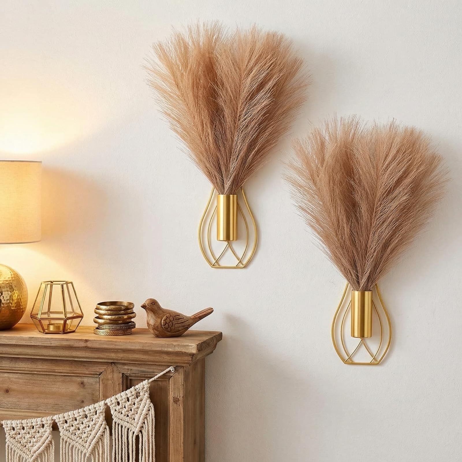 2 Pieces Hanging Plant Wall Decor with Artificial Pampas Grass Metal Hanging …