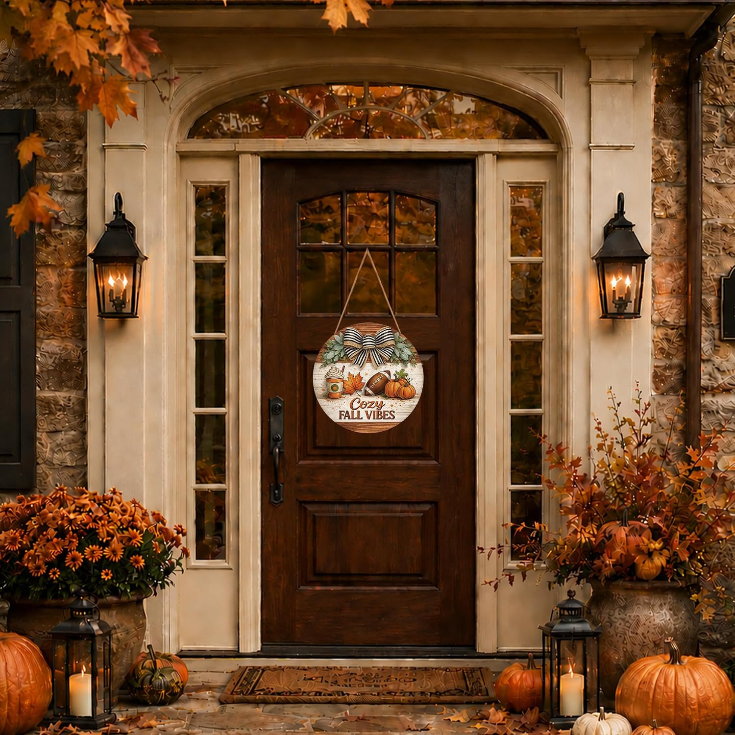 Fall Decorations Maple Leaf Footabll Pumpkin Wooden Door Hanging Sign Autumn