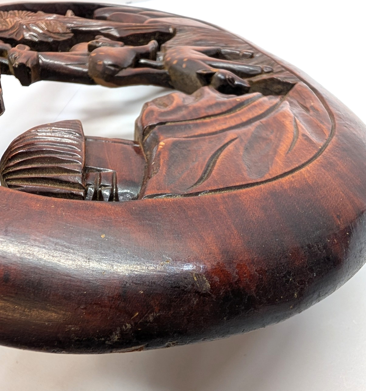 Vintage Hand Carved Wood Deer Wall Hanging Plaque Forest Scene Oval 20″ Decor