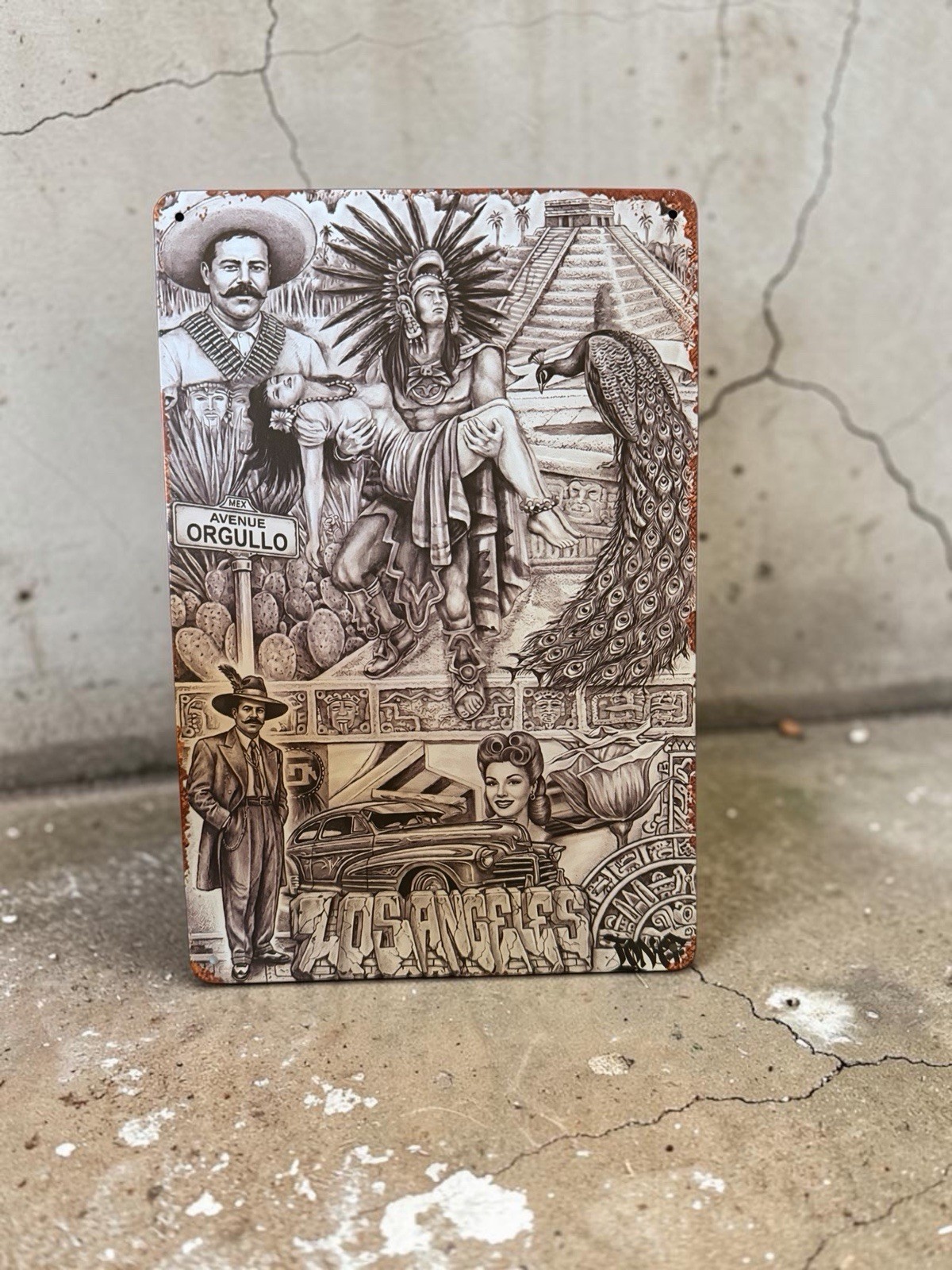 Azteca Los Angeles Pictorial Metal Decorative Sign, Vintage, Rectangle