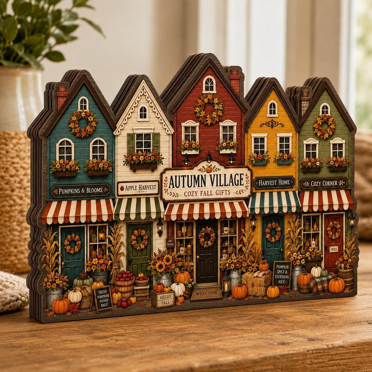Autumn Village Wooden Block Fall House Shelf Decor