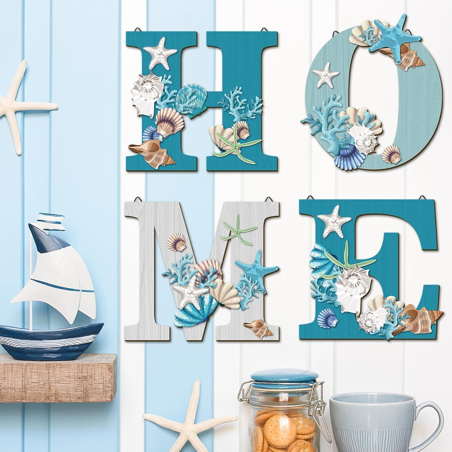 4 Pcs Wood Home Sign Coastal Beach Wall Decor Beach Style Signs Blue Starfish an