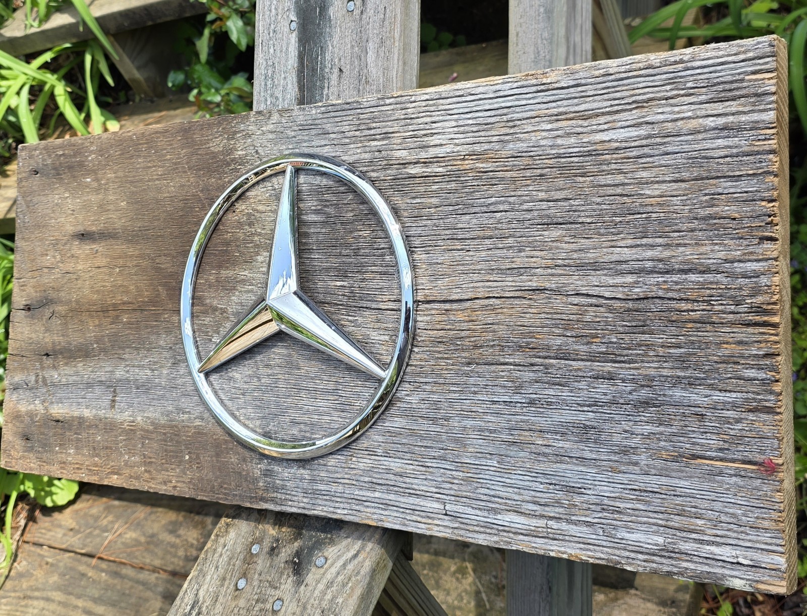 Large Mercedes Badge Mounted On Oak Barnwood Sign Garage Art Wall Decor Plaque