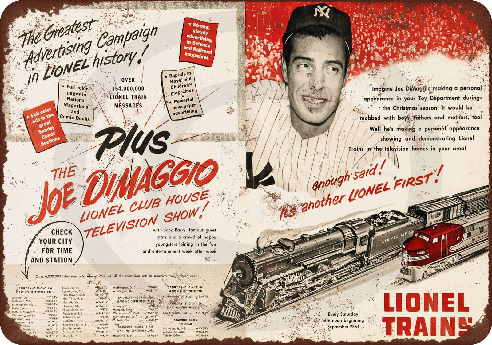1950 Joe Dimaggio Lionel Trains AD Vintage Reproduction METAL SIGN 8 x 12
