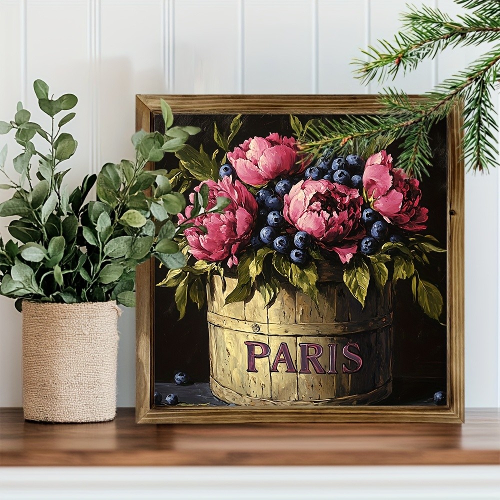 Paris Peony Bucket Wooden Plaque French Cottagecore Floral Home Decoration Gift