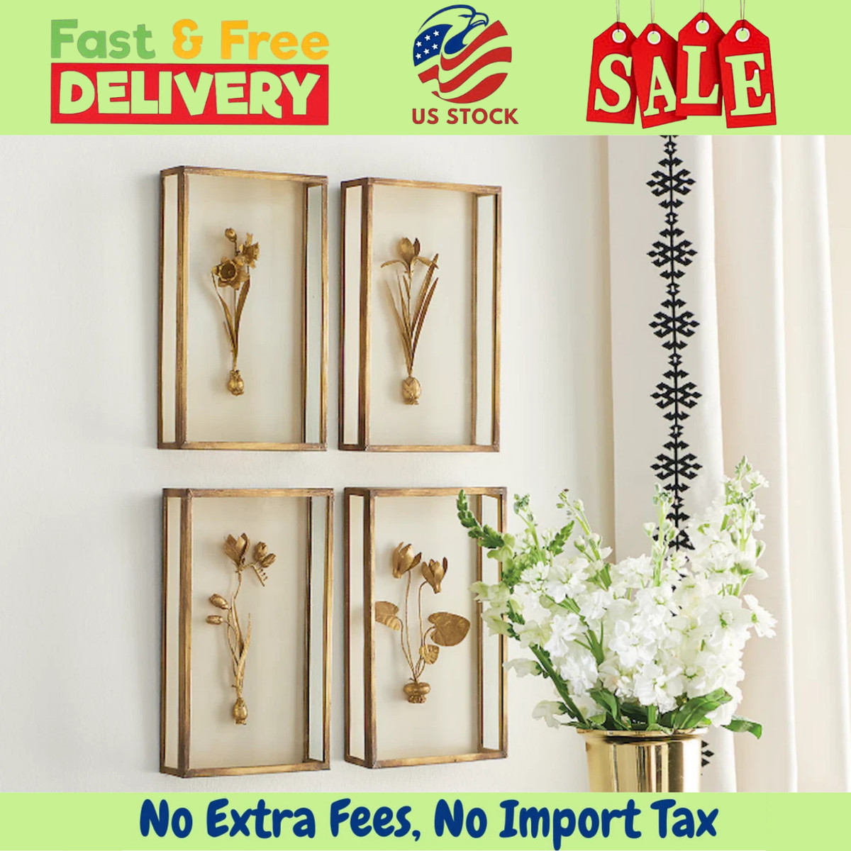 Ballard Designs Fleur de Tole Gold Wall Decor, Set of 4 – No Import Fees