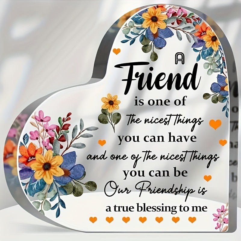 Heart Shaped Friendship Acrylic Plaque Floral Sentimental Gift for Best Friend