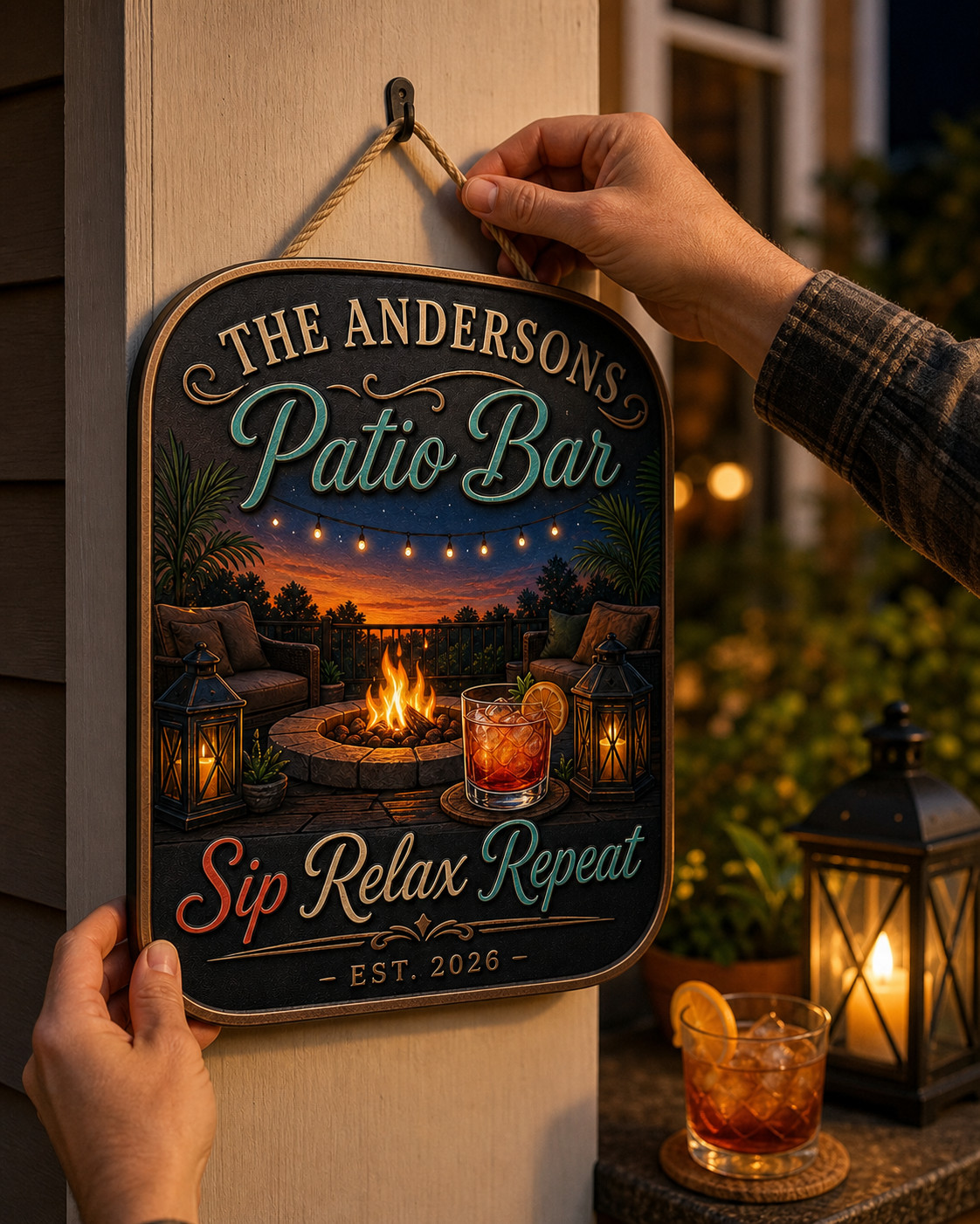 Patio Bar Wooden Sign with Fire Pit Scene, Sip Relax Repeat Backyard Gift