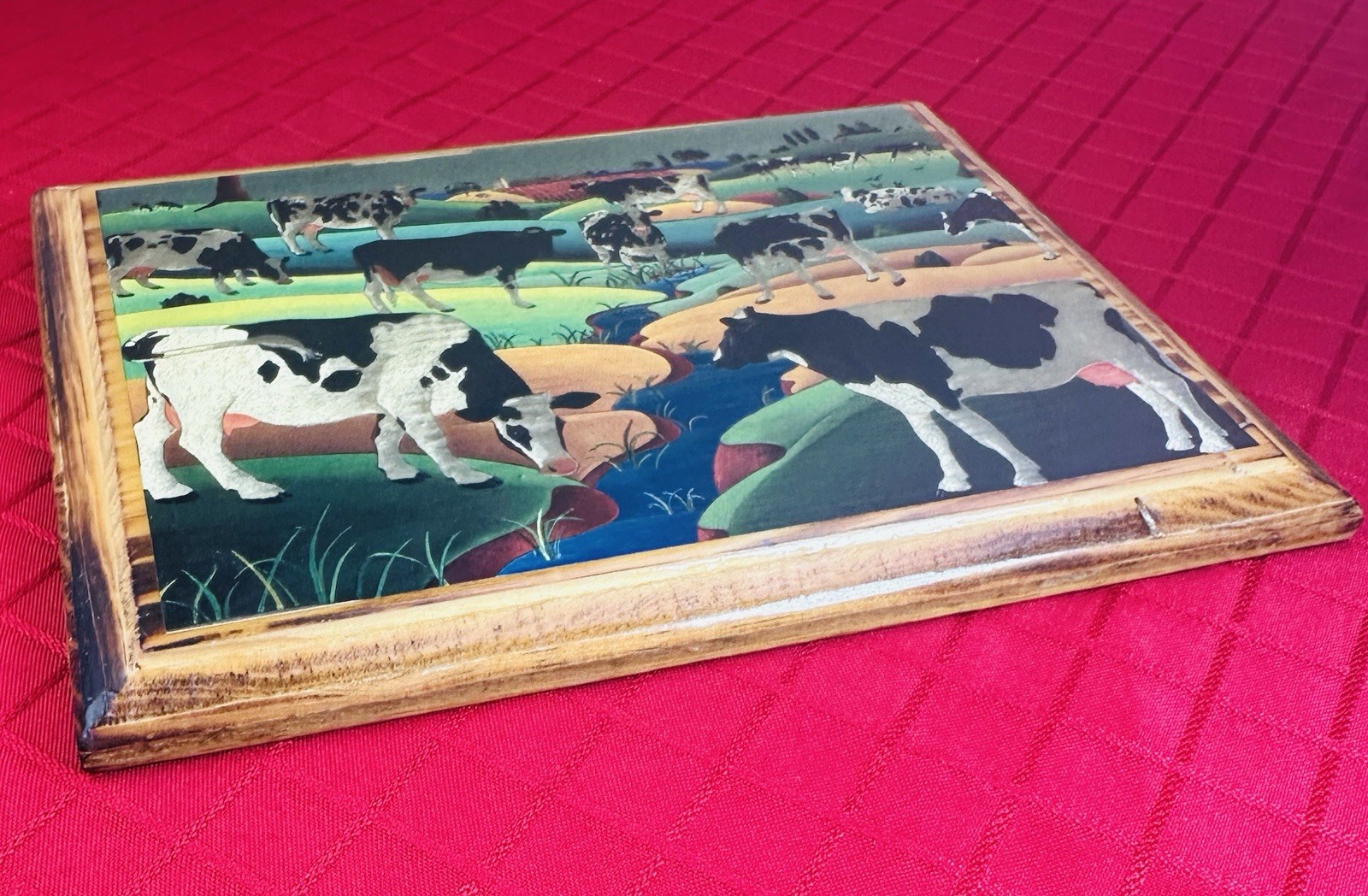 Vtg 1970s Embossed Foil Farm Cows Pastoral Landscape Wood Plaque 8.5×6.5