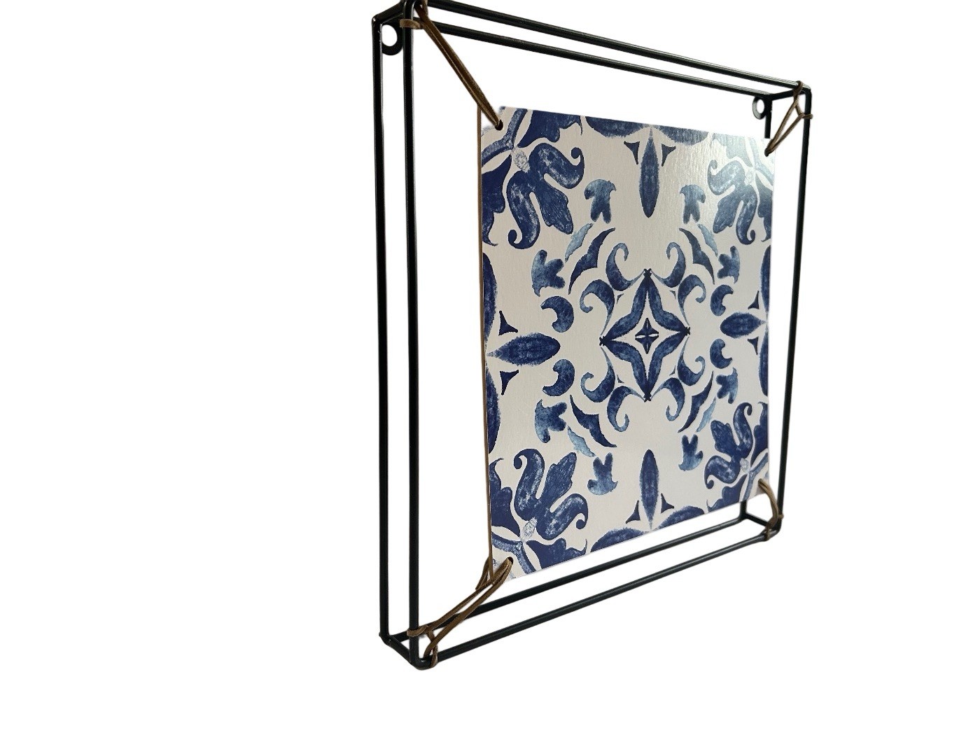 Blue White Tile Pattern Wall Art Ceramic Look Print Modern Black Metal Frame 11”