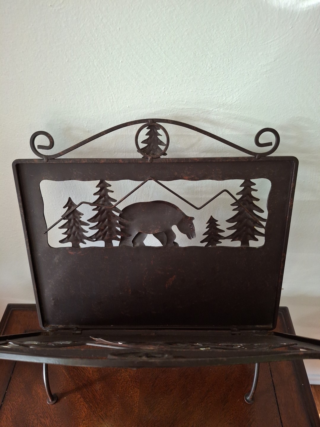 Firewood Carrier Holder Magazine Metal Silhouette Cut Out Bear Trees Cabin Woods