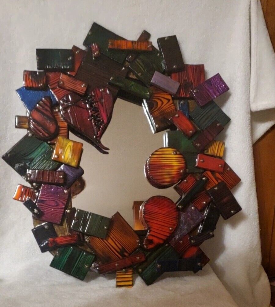 One-of-a-kind, handmade, colorful wooden wall art with mirror.